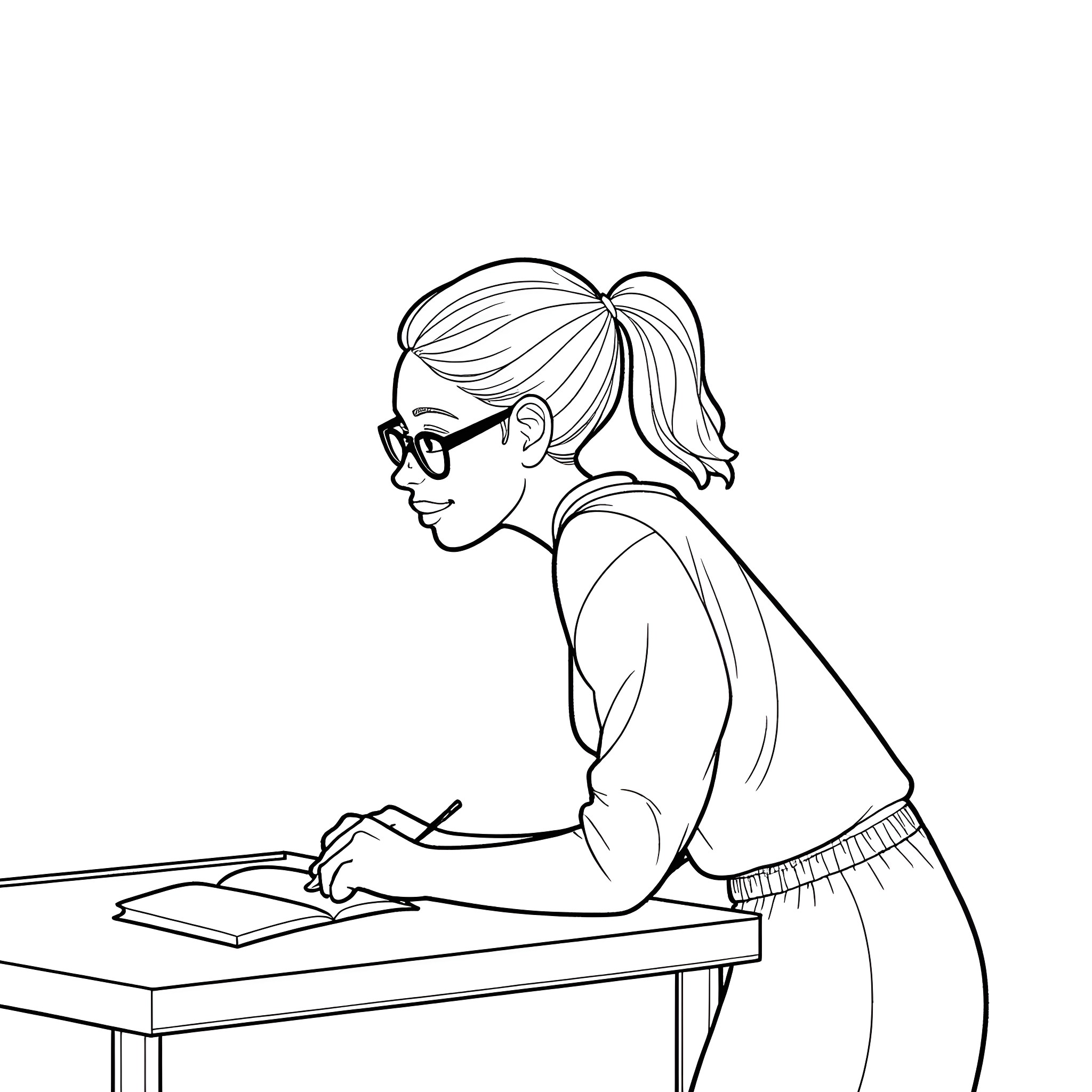 Woman focused on writing at a desk Coloring Page (free black-and-white line drawing printable PDF for all, from beginners to advanced learners, including children, teens, adults, and seniors)