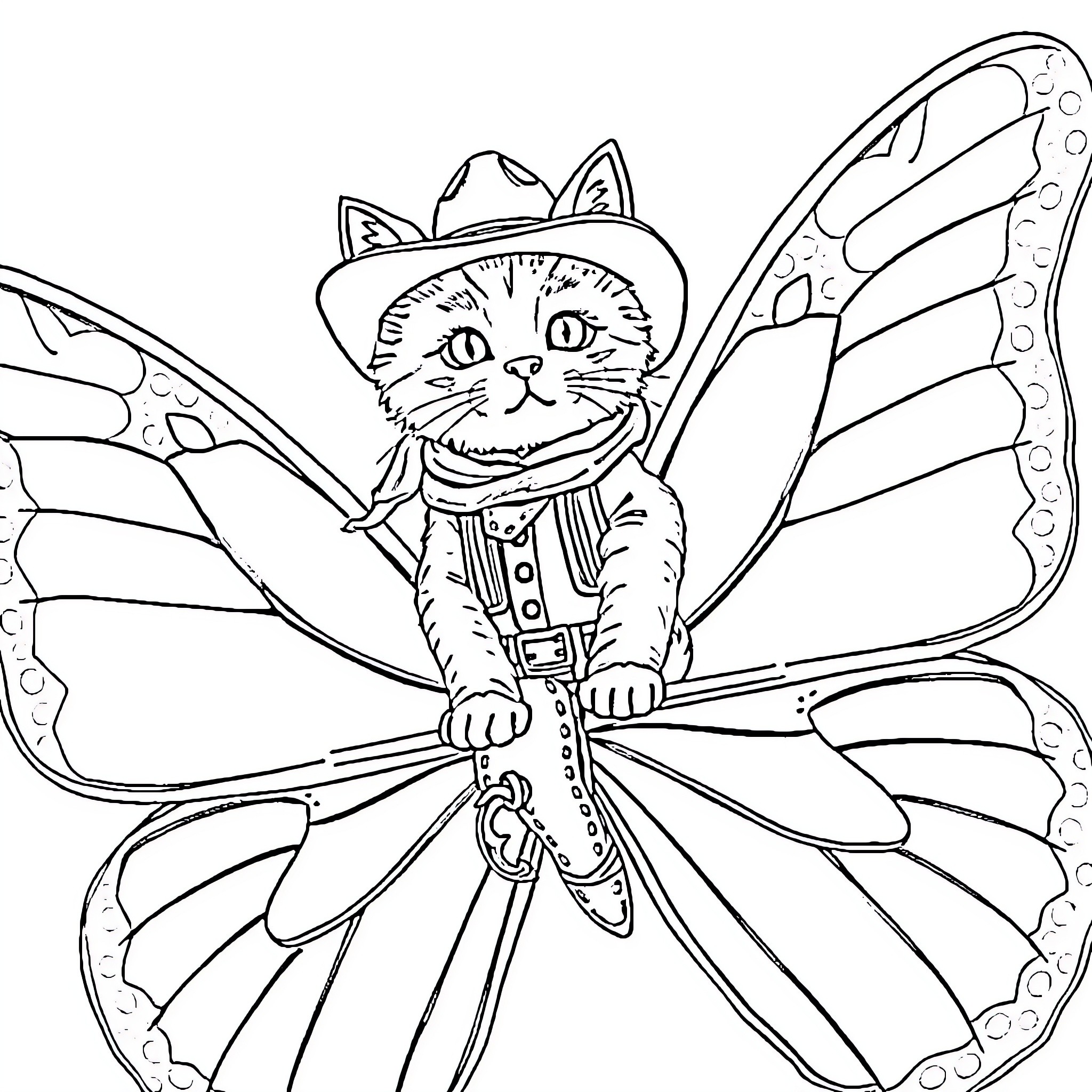 Cat in Butterfly Costume Coloring Page (free black-and-white line drawing printable PDF for all, from beginners to advanced learners, including children, teens, adults, and seniors)