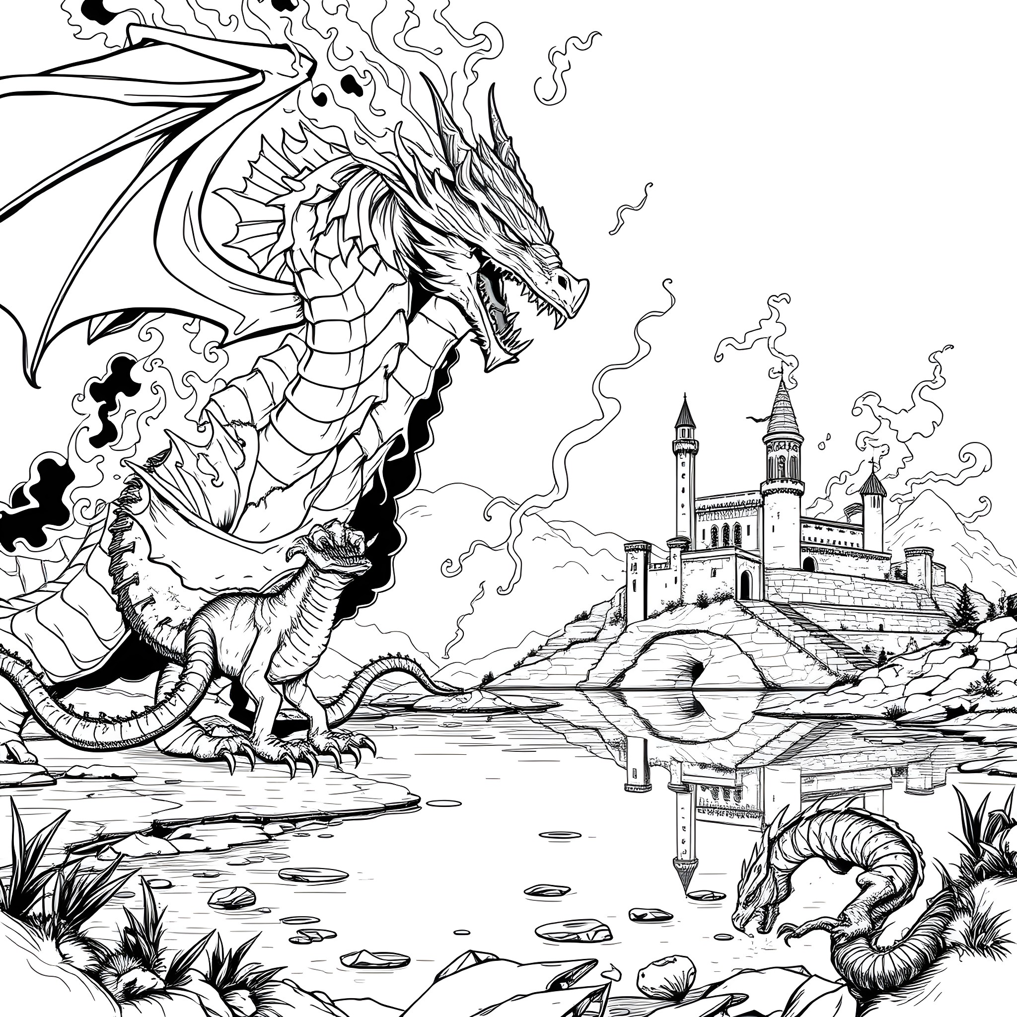 Dragon guarding a mysterious castle by the lake Coloring Page (free black-and-white line drawing printable PDF for all, from beginners to advanced learners, including children, teens, adults, and seniors)