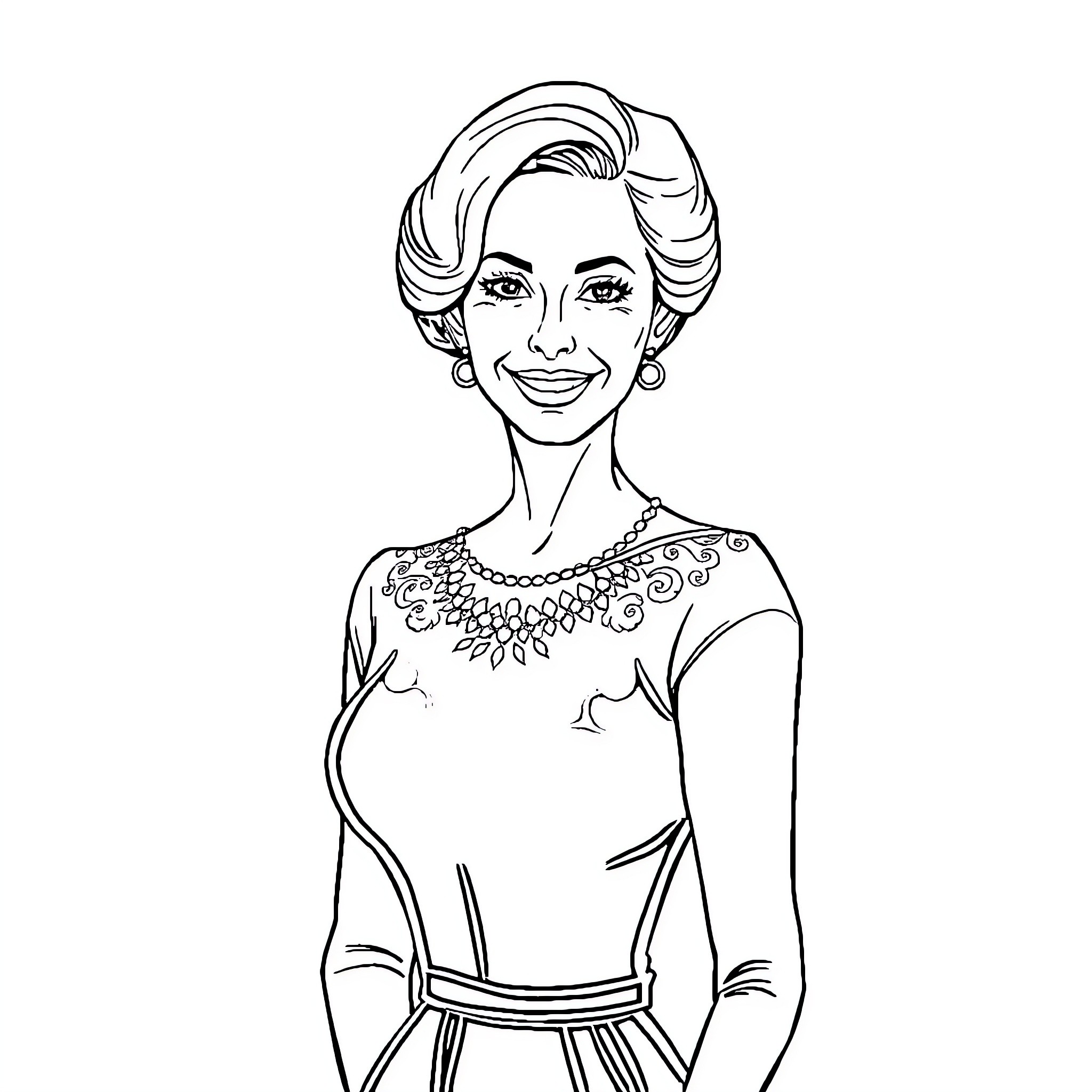 Madame Alice's Elegant Attire and Graceful Presence Coloring Page (free black-and-white line drawing printable PDF for all, from beginners to advanced learners, including children, teens, adults, and seniors)