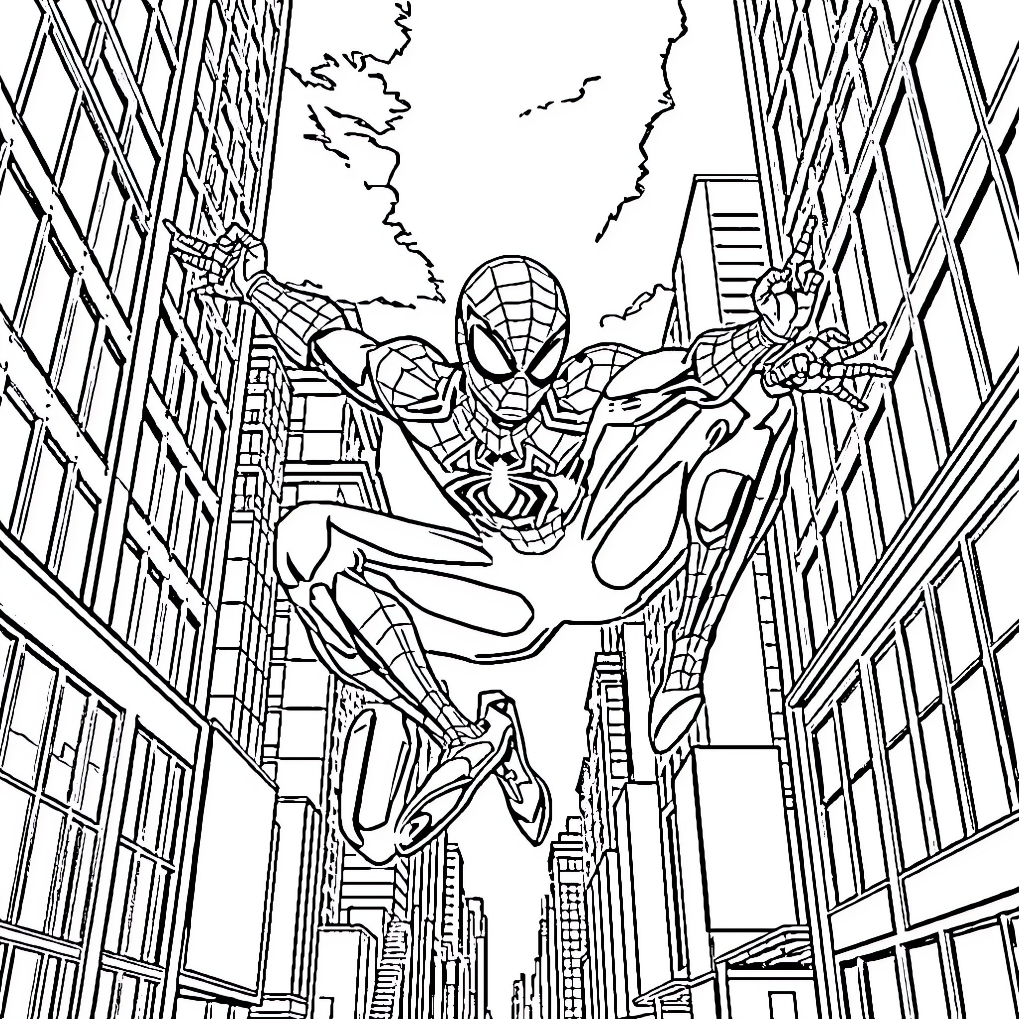 Spider-Man swinging through the city skyline Coloring Page (free black-and-white line drawing printable PDF for all, from beginners to advanced learners, including children, teens, adults, and seniors)