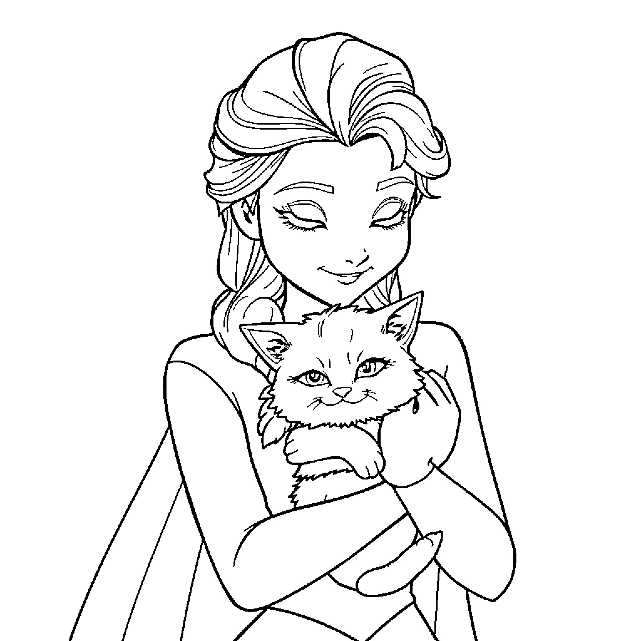 Elsa cuddling a furry friend Coloring Page (free black-and-white line drawing printable PDF for all, from beginners to advanced learners, including children, teens, adults, and seniors)