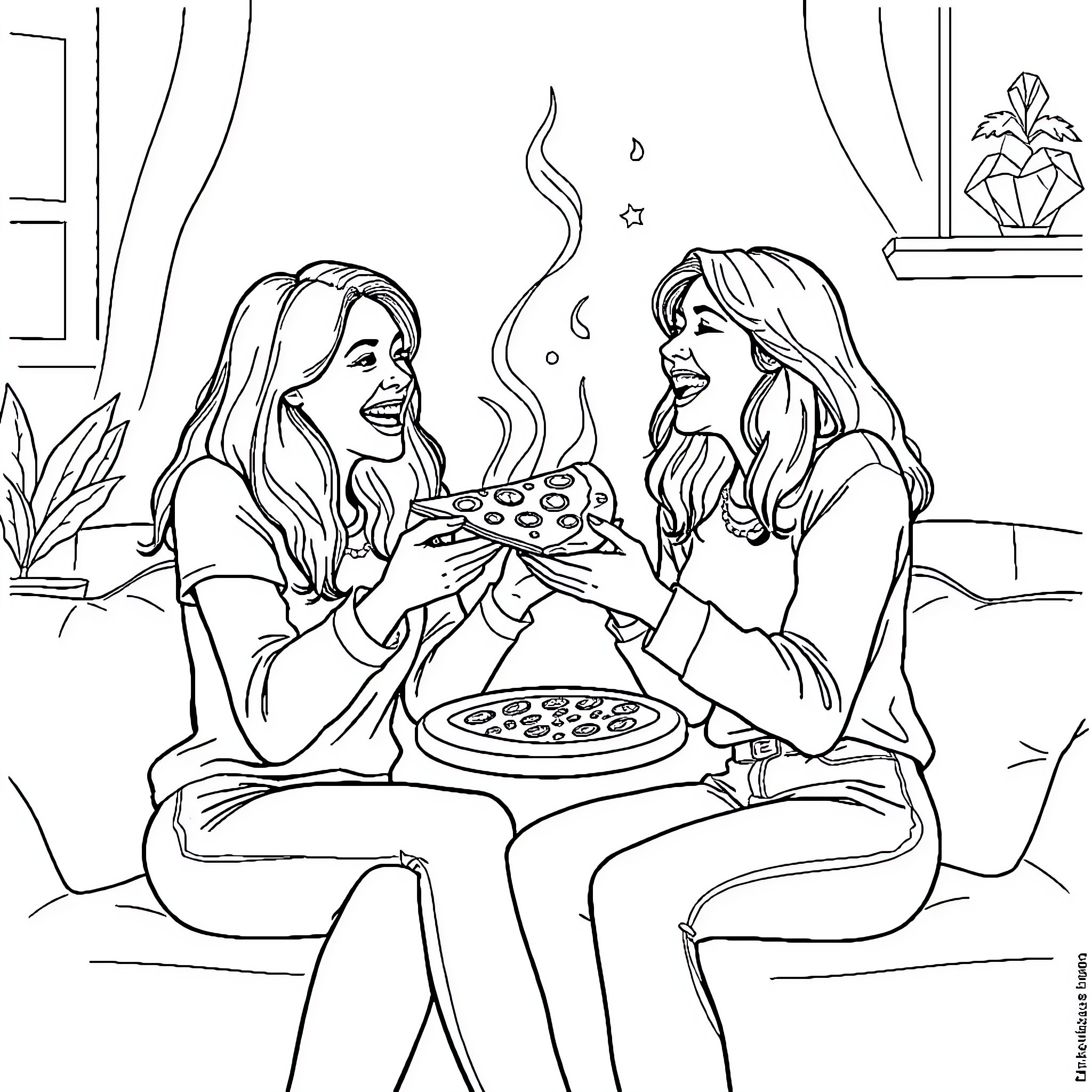 Lesbian Couple Enjoying Pizza Together at Home Coloring Page (free black-and-white line drawing printable PDF for all, from beginners to advanced learners, including children, teens, adults, and seniors)