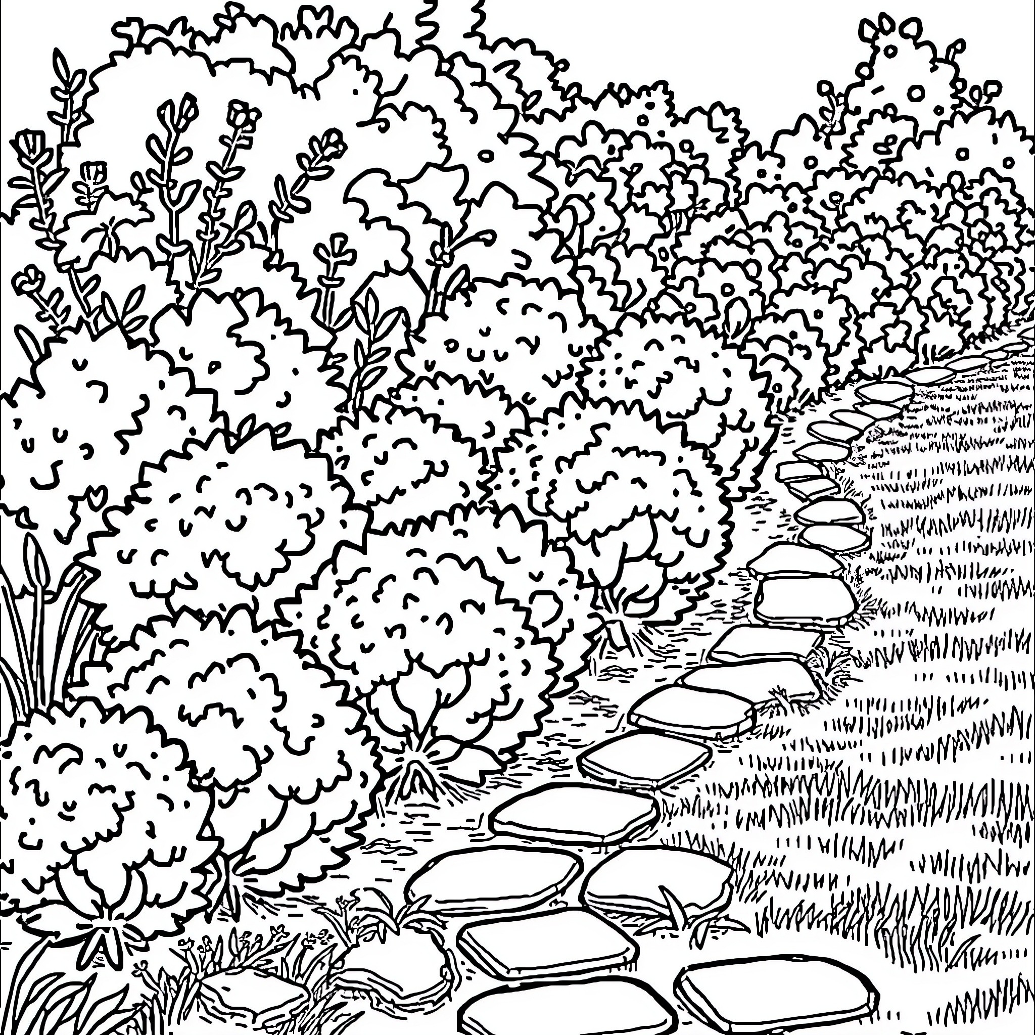 Shrub and Stone Path in the Garden Coloring Page (free black-and-white line drawing printable PDF for all, from beginners to advanced learners, including children, teens, adults, and seniors)