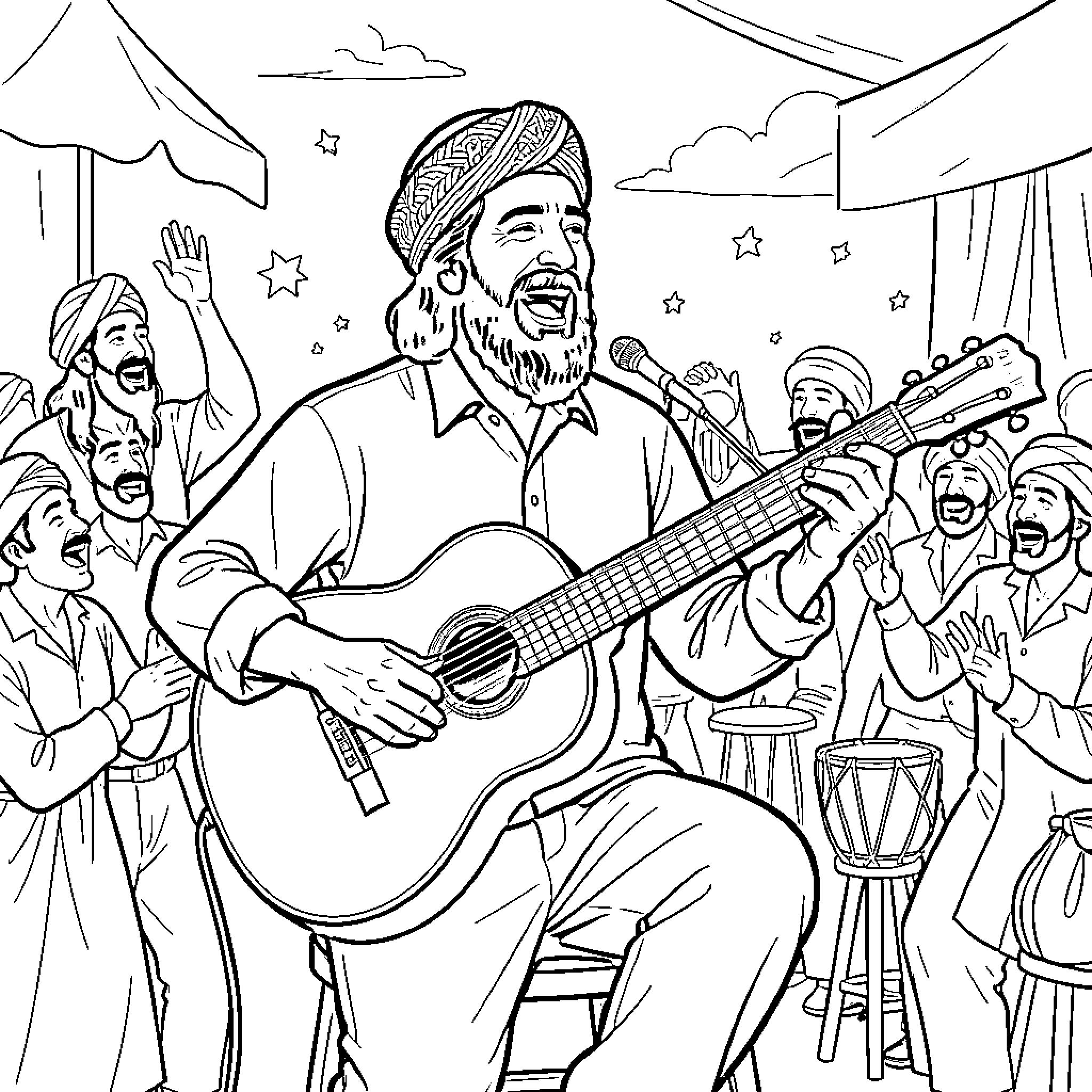 Matoub Lounes singing joyfully while playing an acoustic guitar Coloring Page (free black-and-white line drawing printable PDF for all, from beginners to advanced learners, including children, teens, adults, and seniors)