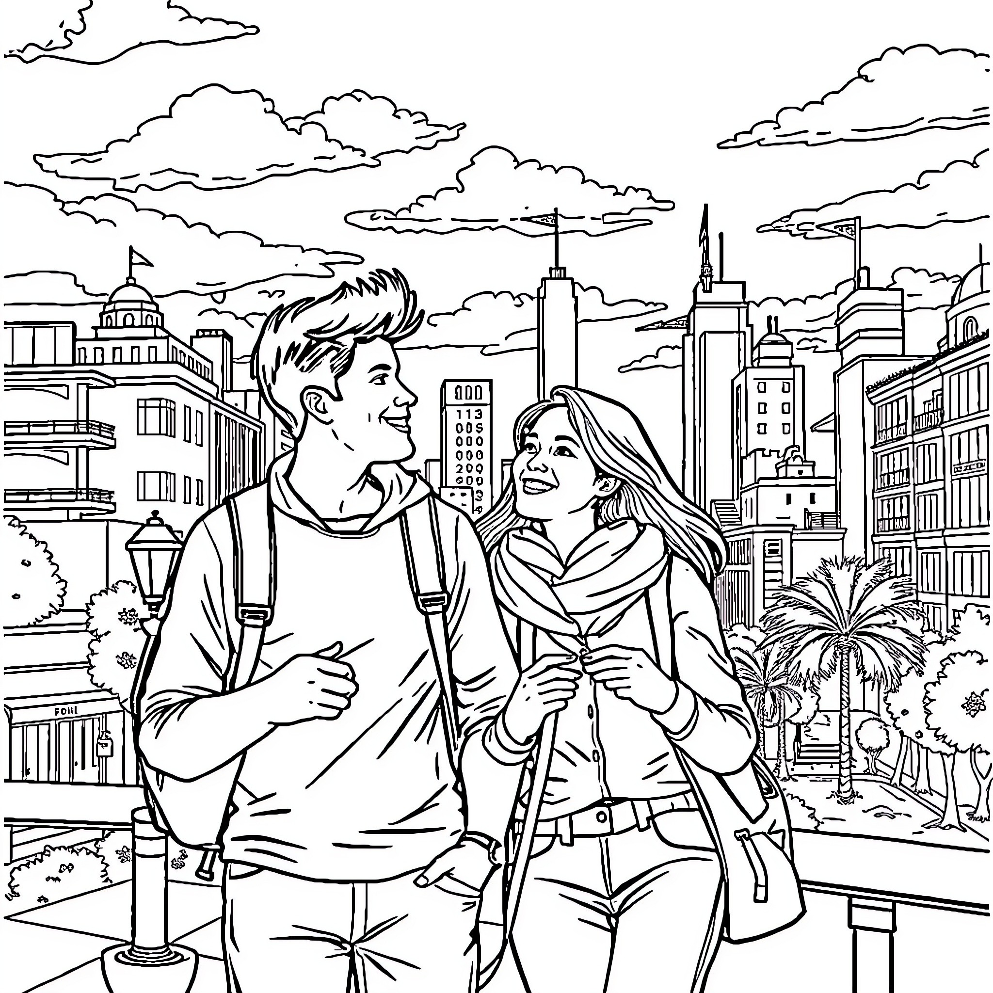 Couple exploring the city skyline Coloring Page (free black-and-white line drawing printable PDF for all, from beginners to advanced learners, including children, teens, adults, and seniors)