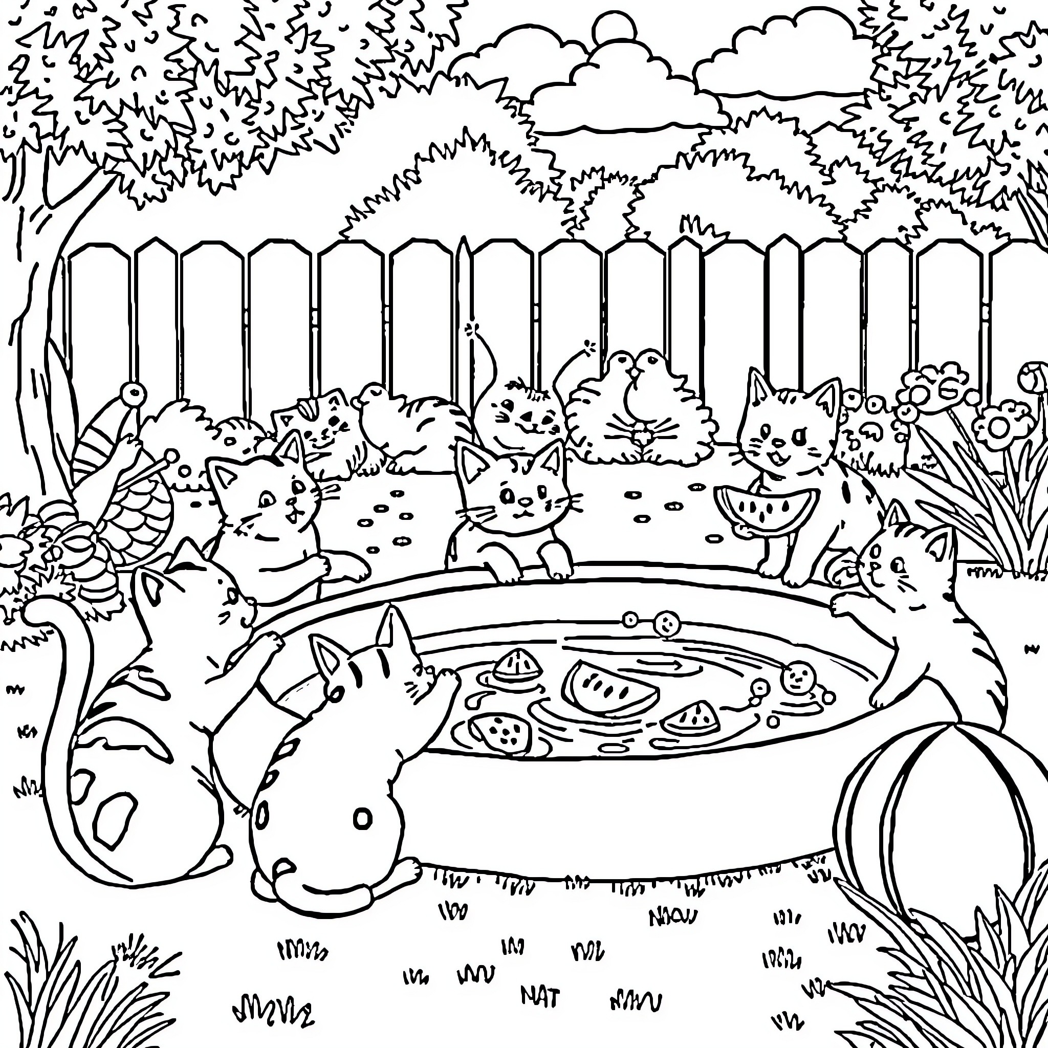 Cat Family Playing in the Backyard Coloring Page (free black-and-white line drawing printable PDF for all, from beginners to advanced learners, including children, teens, adults, and seniors)