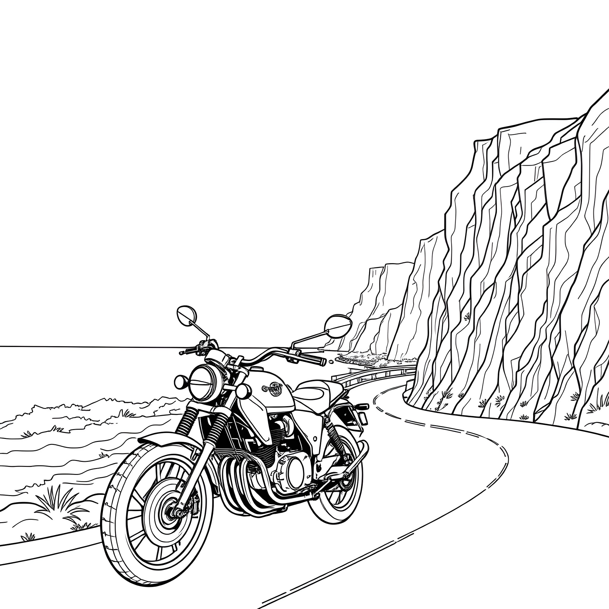 Bluey's Motorcycle Adventure in the Mountains Coloring Page (free black-and-white line drawing printable PDF for all, from beginners to advanced learners, including children, teens, adults, and seniors)