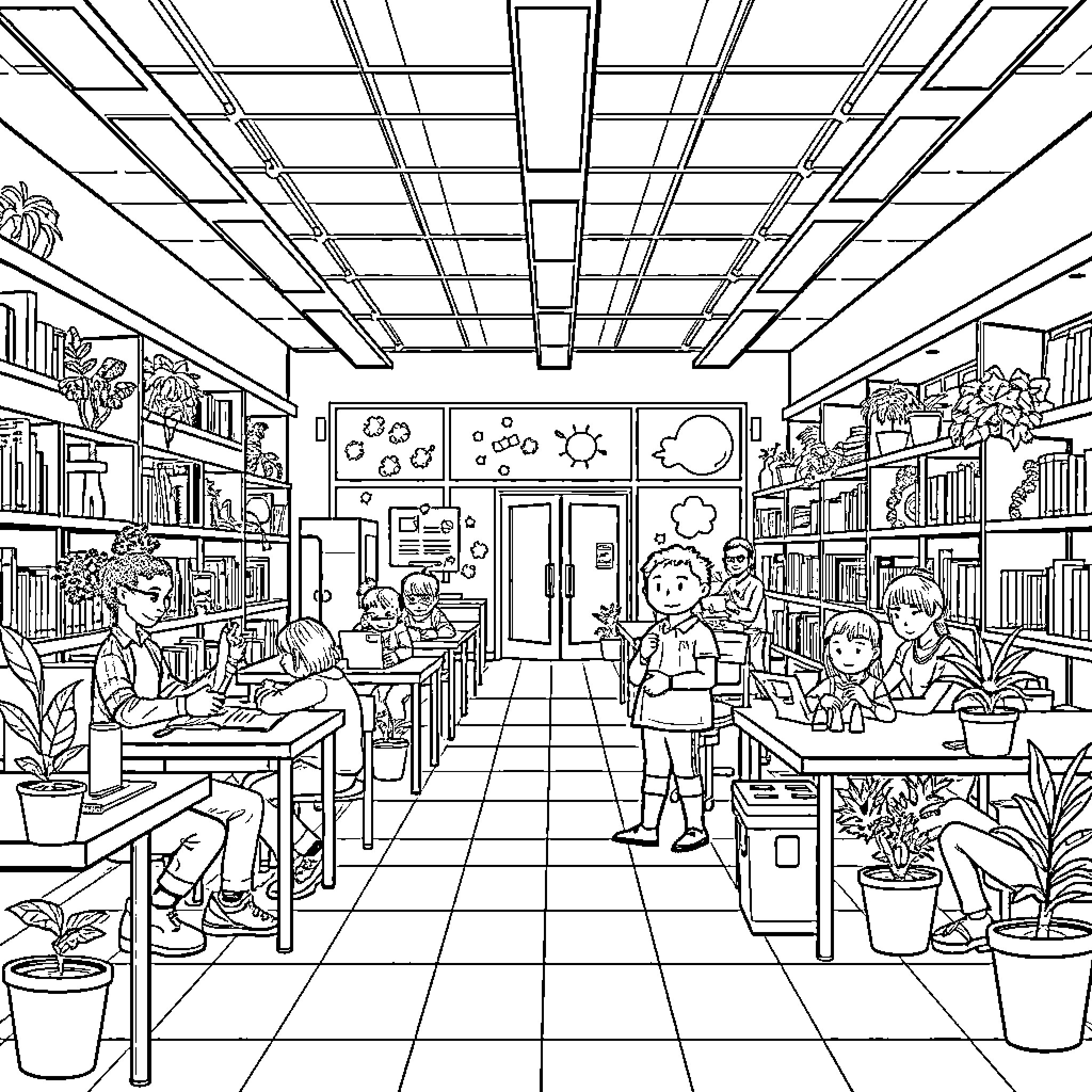 School Library with Students Studying and Reading Coloring Page (free black-and-white line drawing printable PDF for all, from beginners to advanced learners, including children, teens, adults, and seniors)