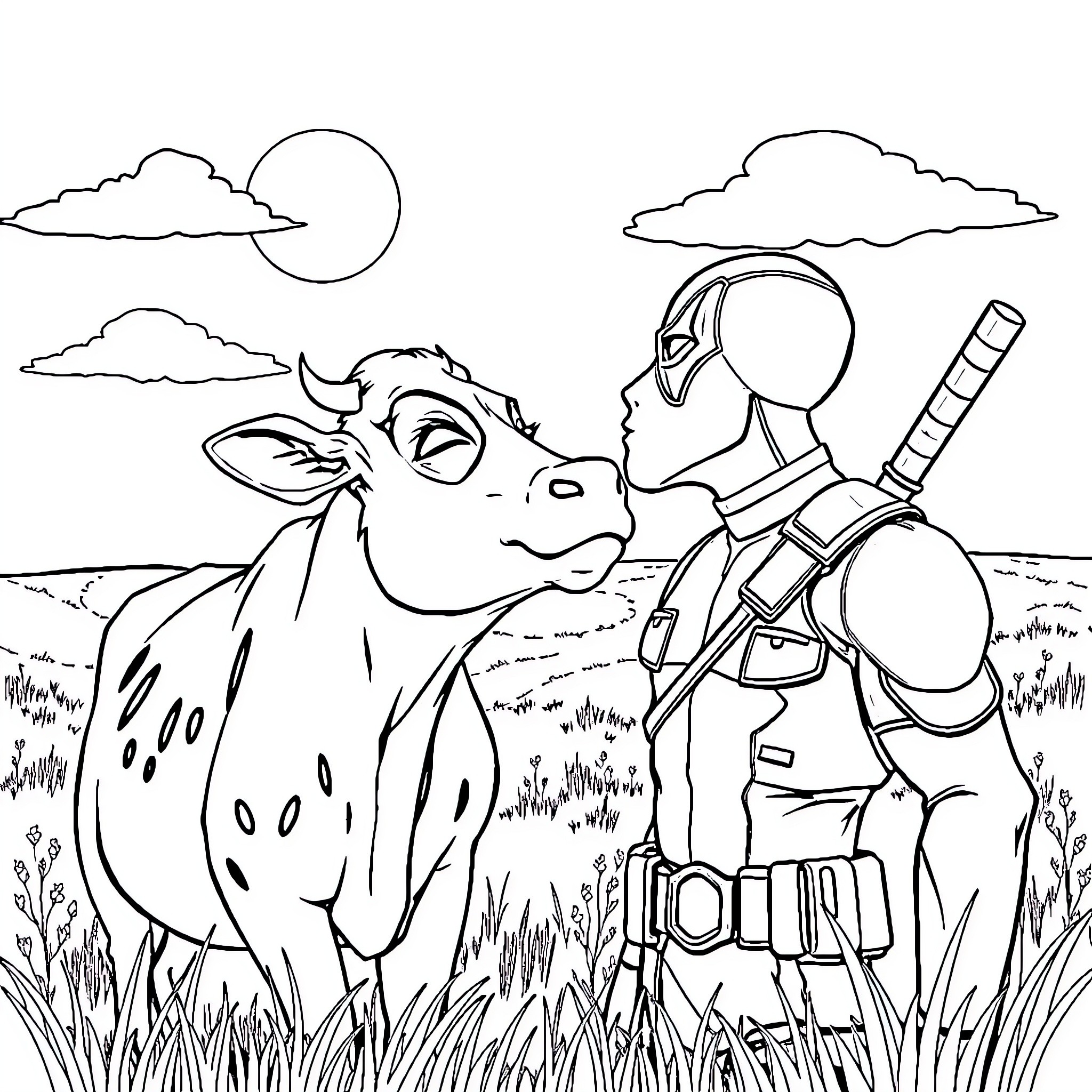Deadpool's Unusual Encounter with a Friendly Bovine Coloring Page (free black-and-white line drawing printable PDF for all, from beginners to advanced learners, including children, teens, adults, and seniors)