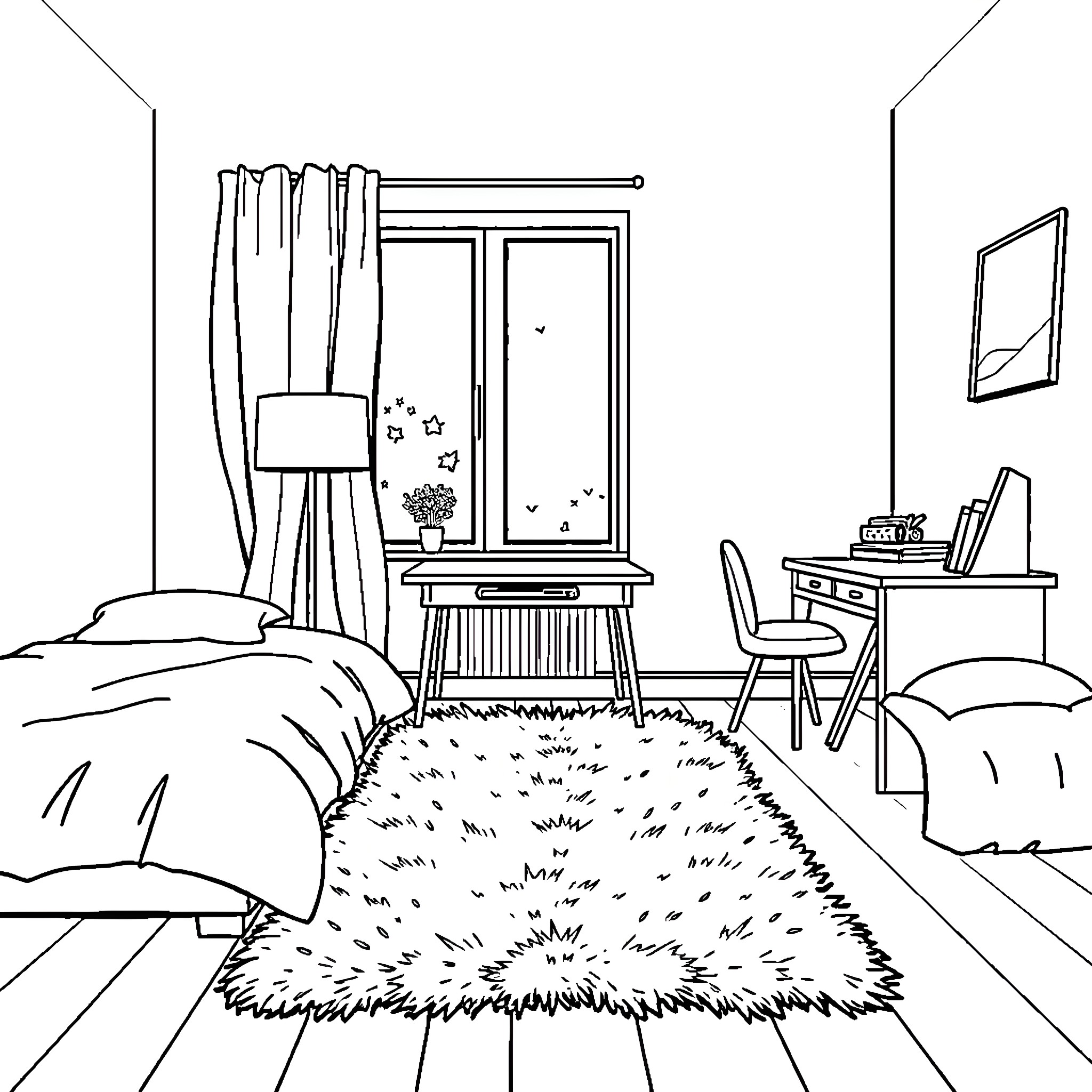 Bedroom with relaxing furnishings and a view Coloring Page (free black-and-white line drawing printable PDF for all, from beginners to advanced learners, including children, teens, adults, and seniors)