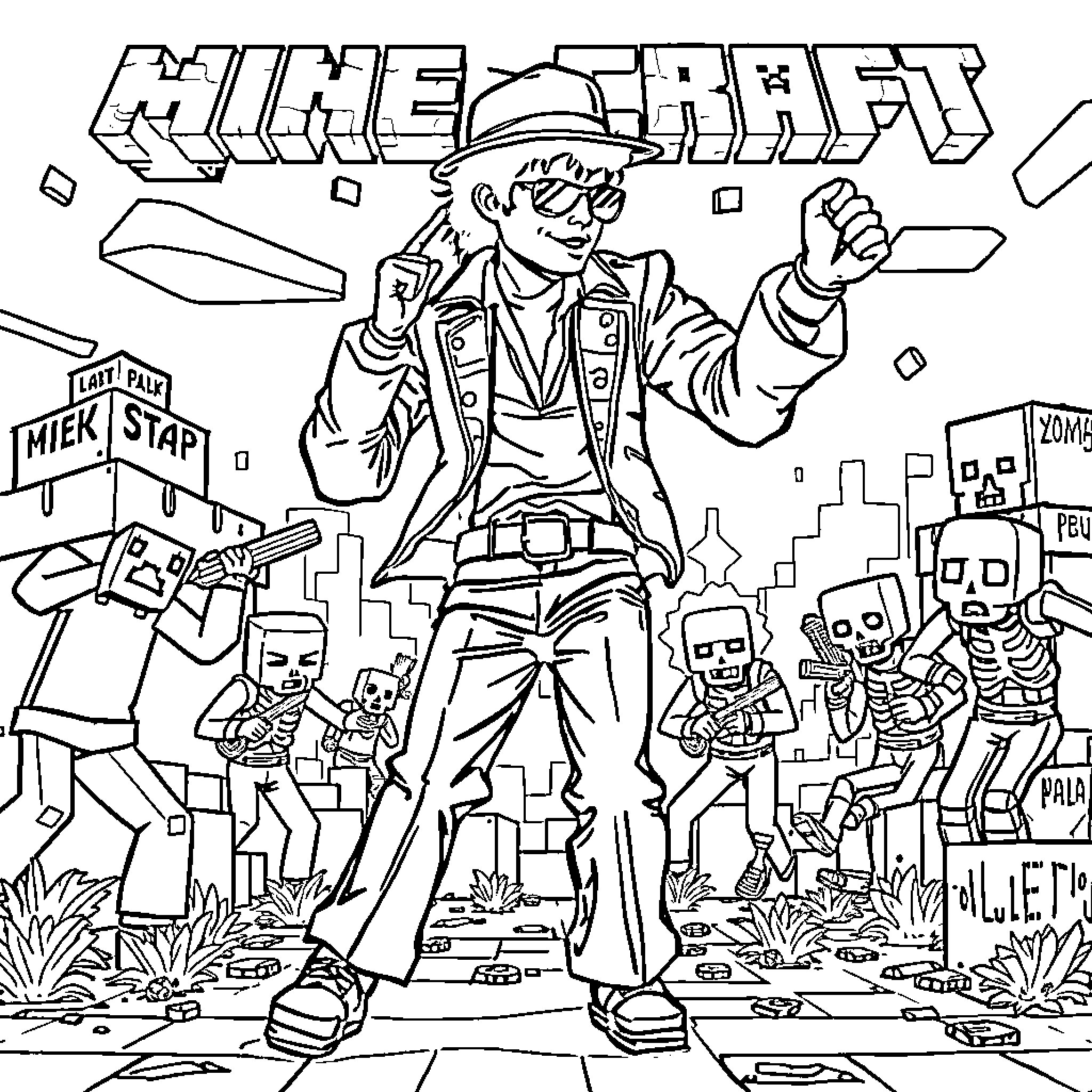 Michael Jackson's Wild Adventures in a Minecraft-Inspired World Coloring Page (free black-and-white line drawing printable PDF for all, from beginners to advanced learners, including children, teens, adults, and seniors)