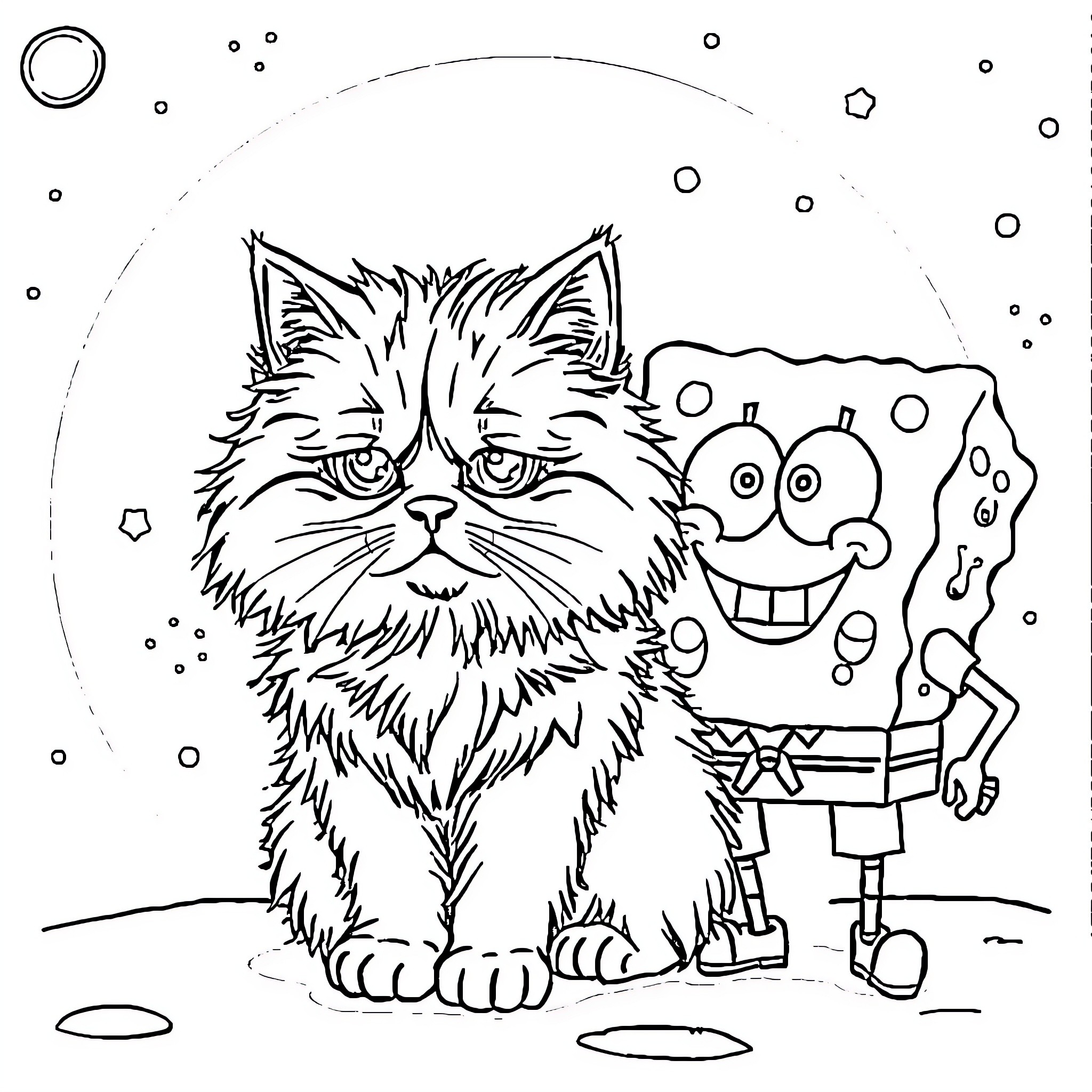 Cat and Silly Character in Snowy Setting Coloring Page (free black-and-white line drawing printable PDF for all, from beginners to advanced learners, including children, teens, adults, and seniors)