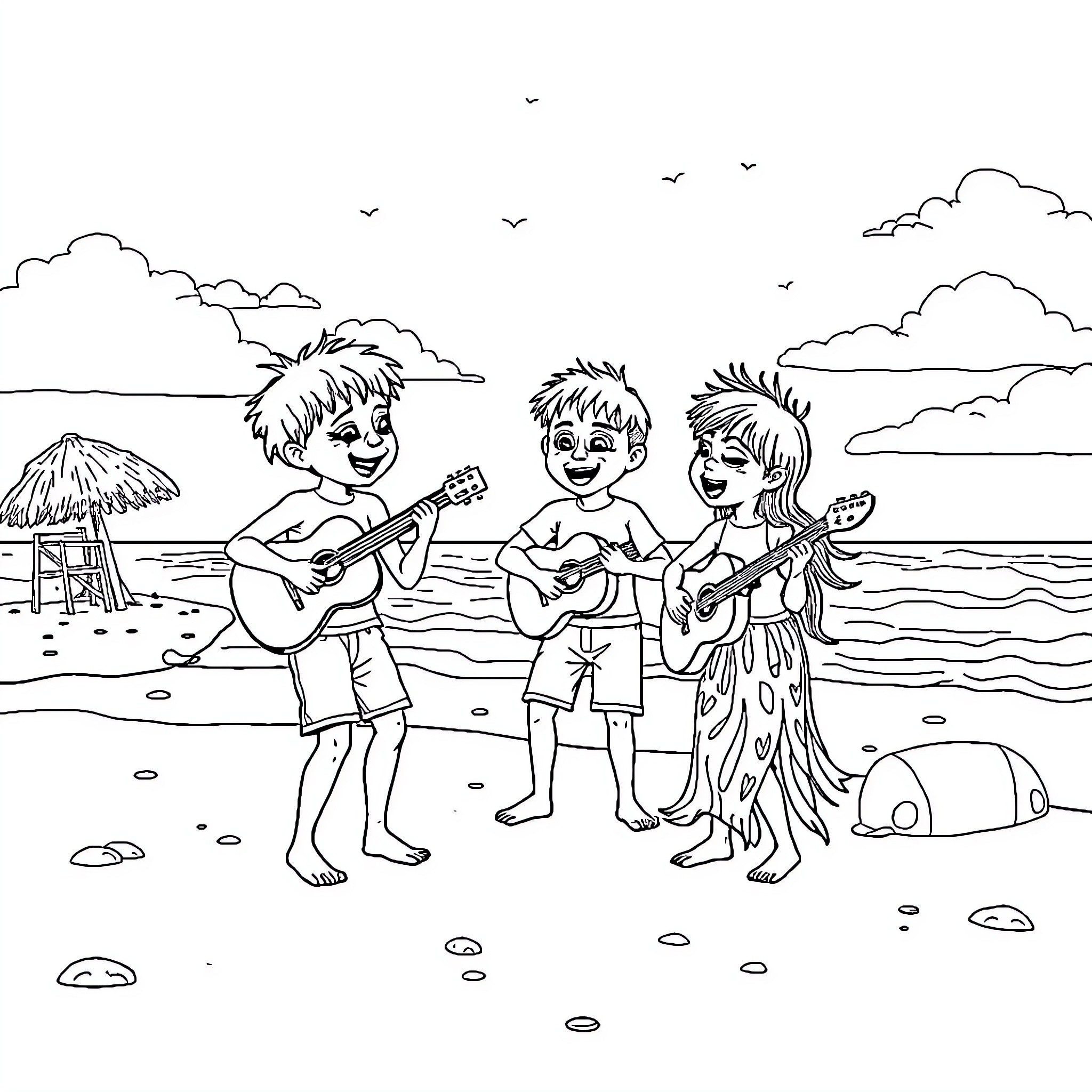 Tralalelito trio of musicians playing on the beach Coloring Page (free black-and-white line drawing printable PDF for all, from beginners to advanced learners, including children, teens, adults, and seniors)