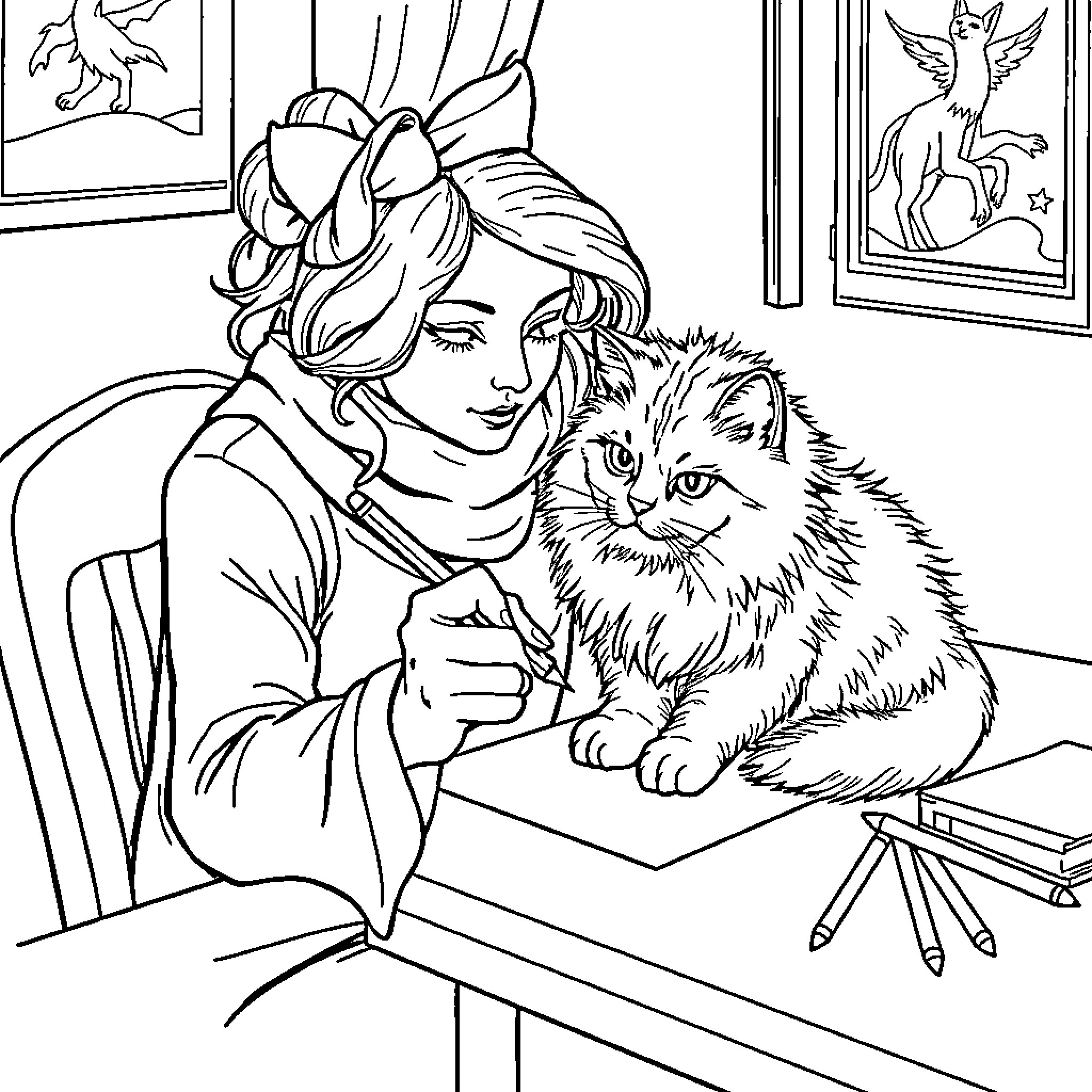 Cat and Girl Enjoying Quiet Moment Coloring Page (free black-and-white line drawing printable PDF for all, from beginners to advanced learners, including children, teens, adults, and seniors)