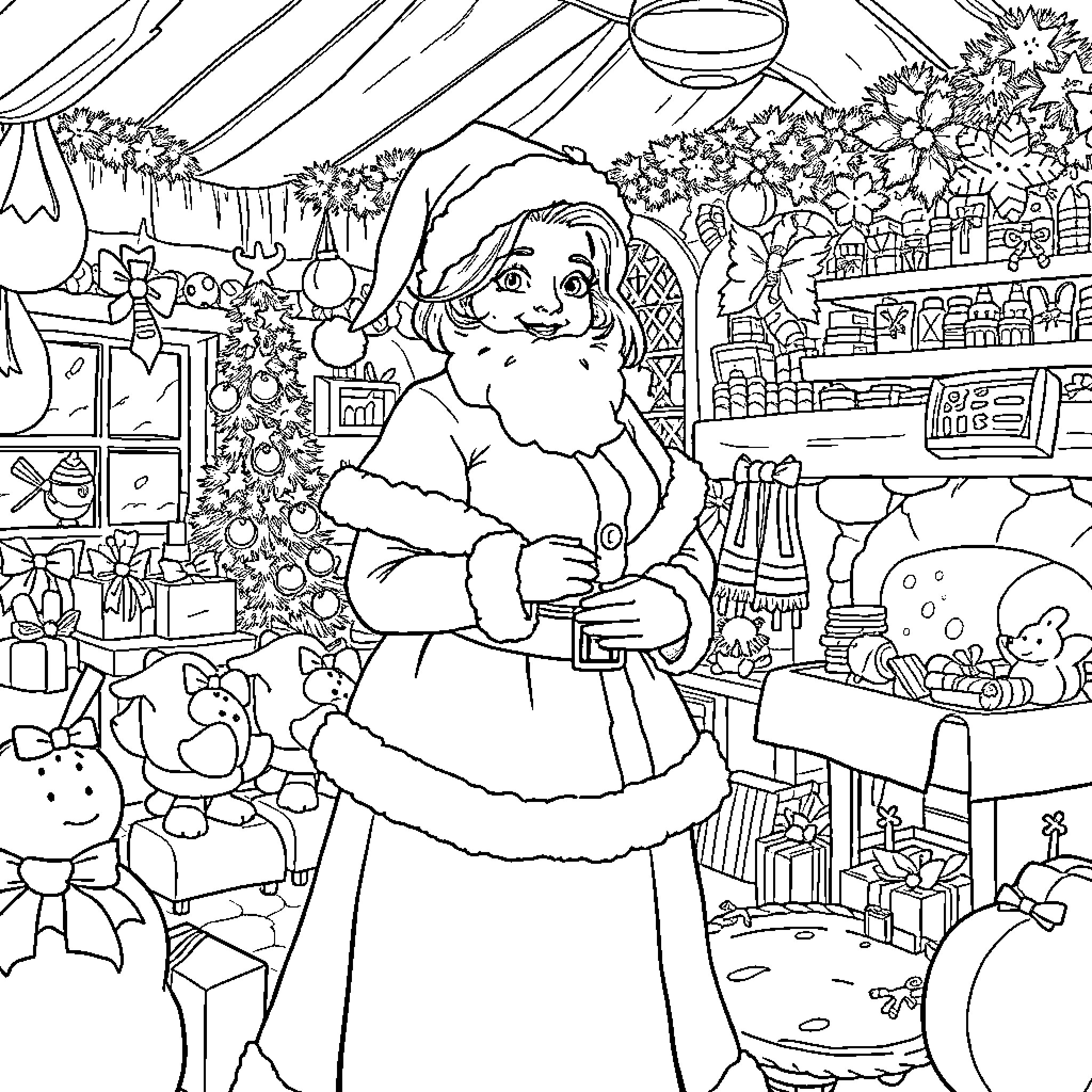 Mrs. Claus exploring a festive holiday workshop Coloring Page (free black-and-white line drawing printable PDF for all, from beginners to advanced learners, including children, teens, adults, and seniors)