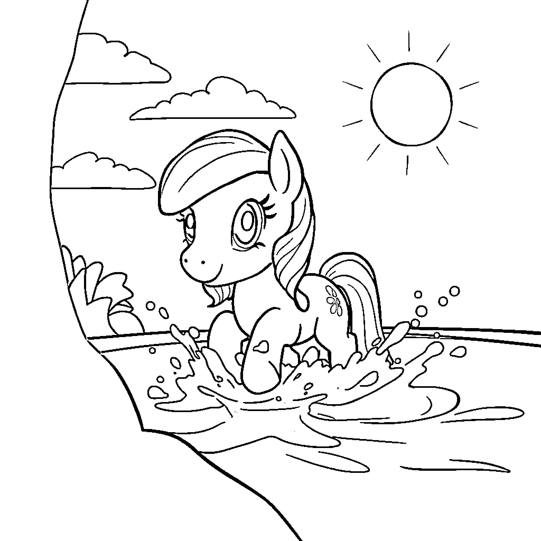 Pony splashing in sunny puddle Coloring Page (free black-and-white line drawing printable PDF for all, from beginners to advanced learners, including children, teens, adults, and seniors)