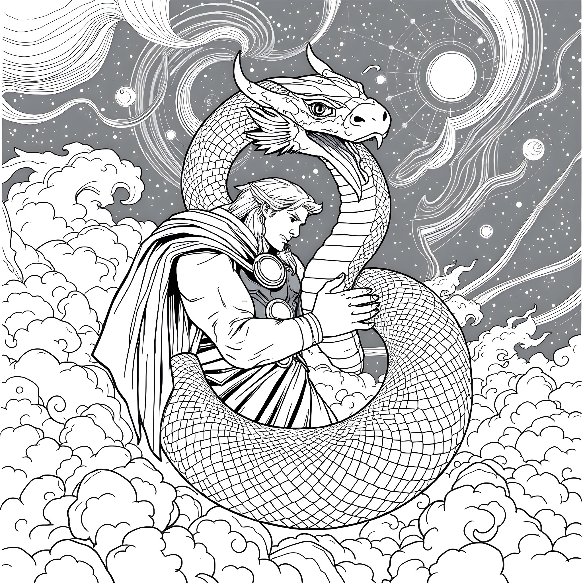 World Serpent Embracing a Mythical Figure in the Cosmos Coloring Page (free black-and-white line drawing printable PDF for all, from beginners to advanced learners, including children, teens, adults, and seniors)
