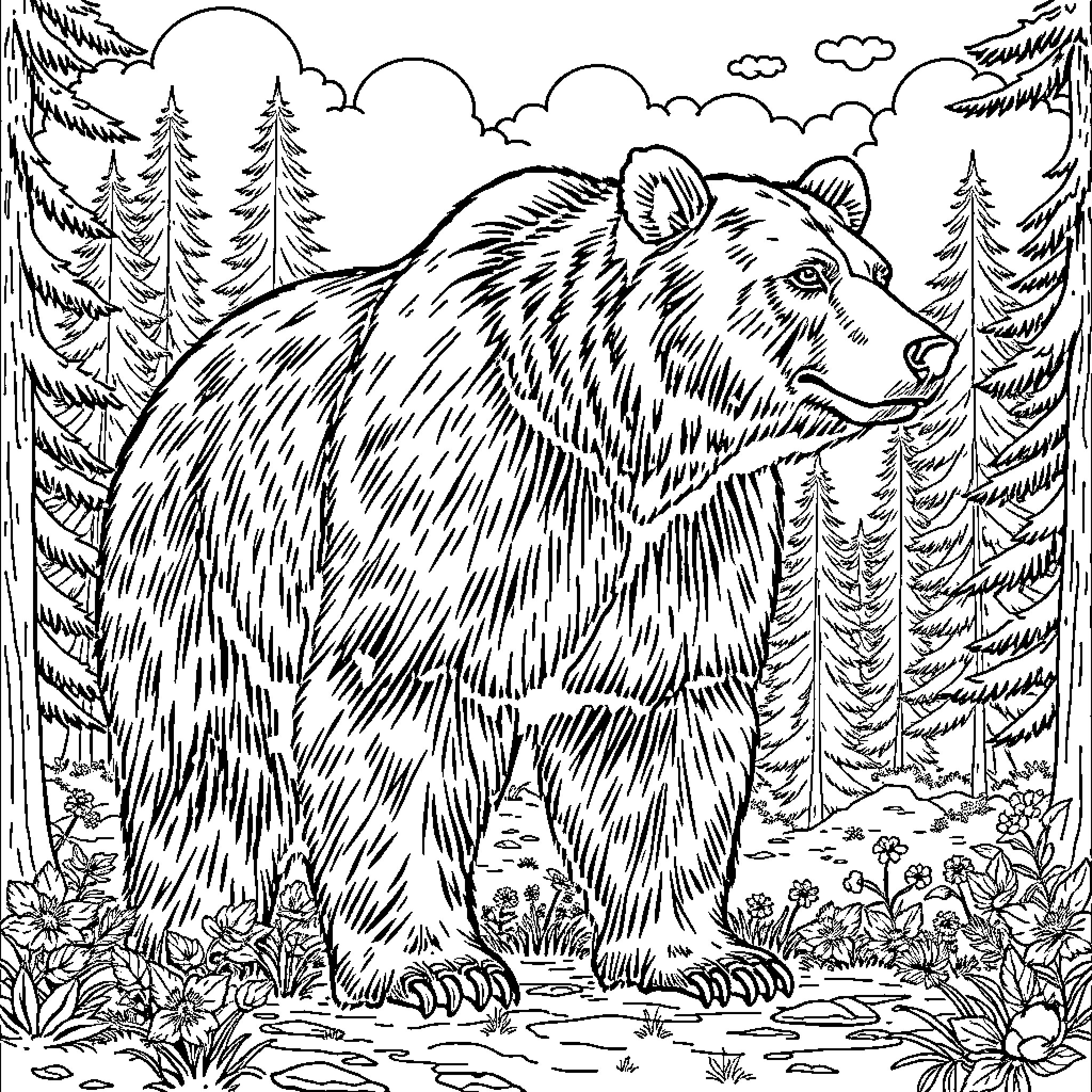 Grizzly bear in serene forest landscape Coloring Page (free black-and-white line drawing printable PDF for all, from beginners to advanced learners, including children, teens, adults, and seniors)