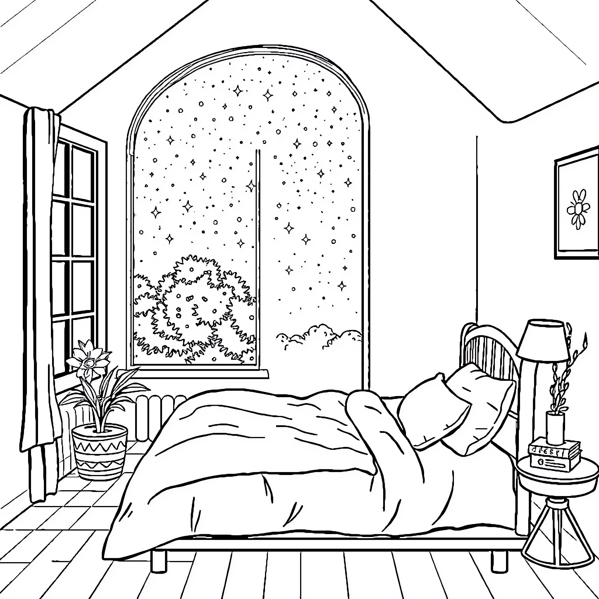 Lit Cozy Night Scene in Bedroom Coloring Page (free black-and-white line drawing printable PDF for all, from beginners to advanced learners, including children, teens, adults, and seniors)