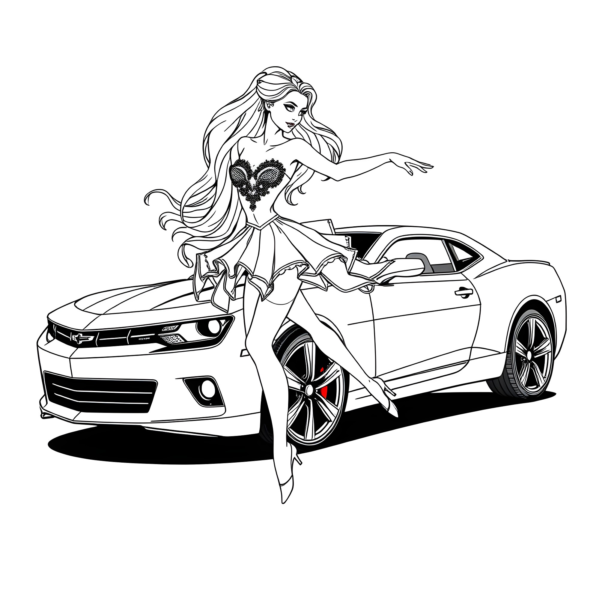 Cartethyia's Glamorous Car Affair Coloring Page (free black-and-white line drawing printable PDF for all, from beginners to advanced learners, including children, teens, adults, and seniors)