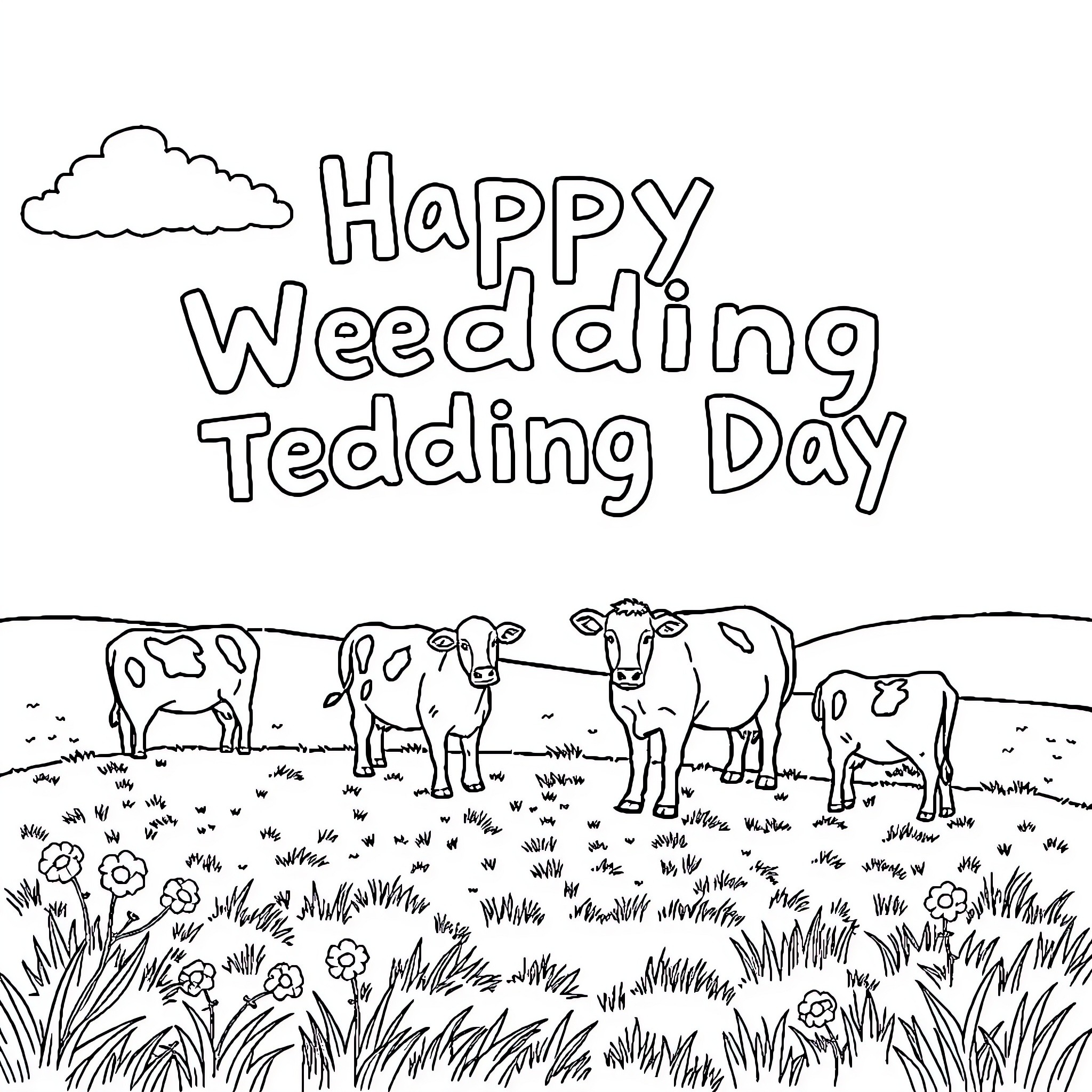 Cows happily celebrating Wedding Tedding Day Coloring Page (free black-and-white line drawing printable PDF for all, from beginners to advanced learners, including children, teens, adults, and seniors)