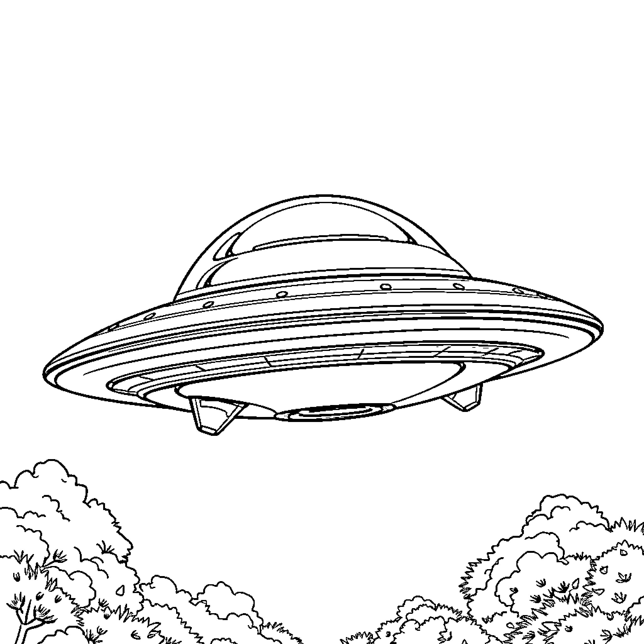 Flying Saucer Hovering Above Woodlands Coloring Page (free black-and-white line drawing printable PDF for all, from beginners to advanced learners, including children, teens, adults, and seniors)