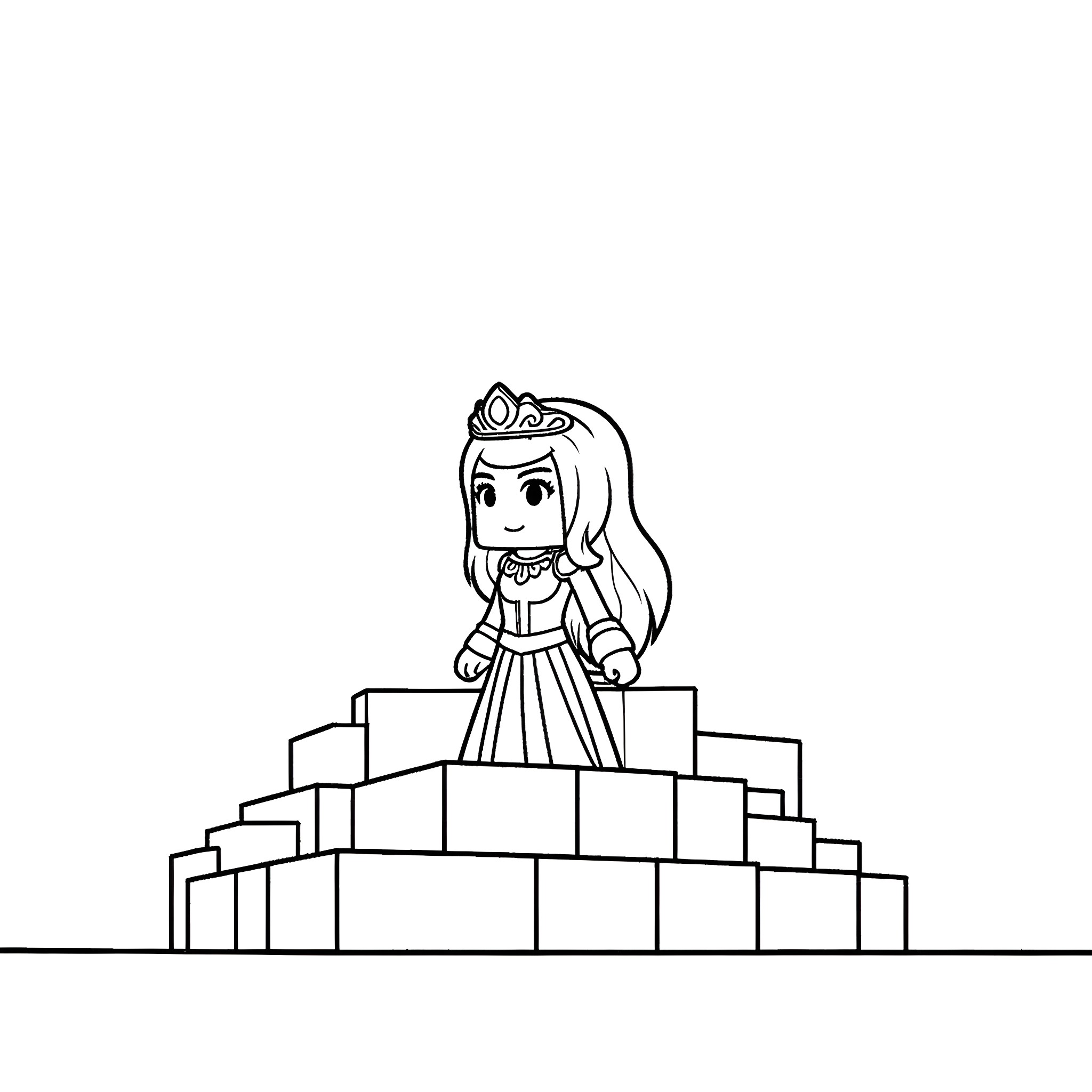 Princess standing on castle-like platform Coloring Page (free black-and-white line drawing printable PDF for all, from beginners to advanced learners, including children, teens, adults, and seniors)