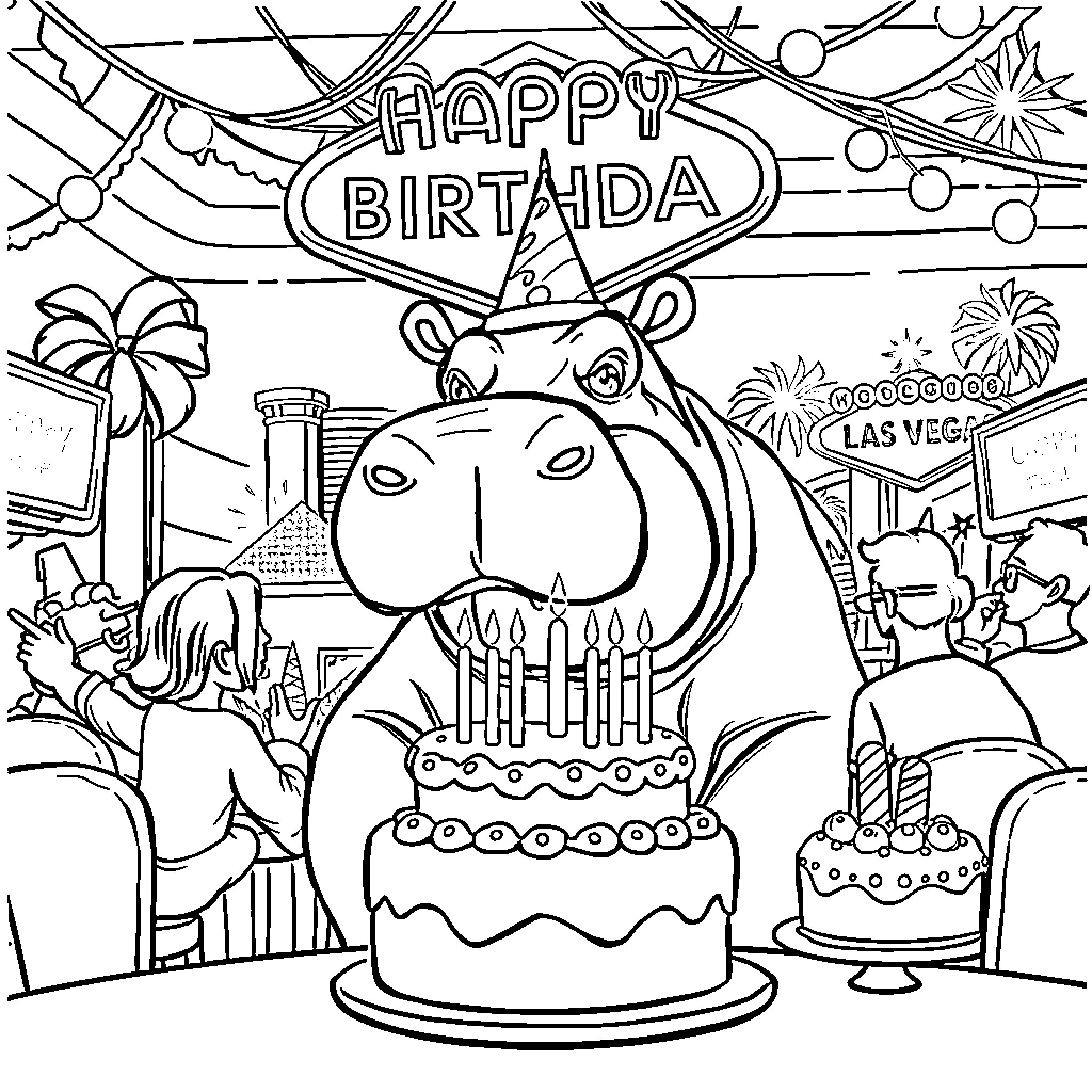 Hippo celebrating a birthday party in Las Vegas Coloring Page (free black-and-white line drawing printable PDF for all, from beginners to advanced learners, including children, teens, adults, and seniors)