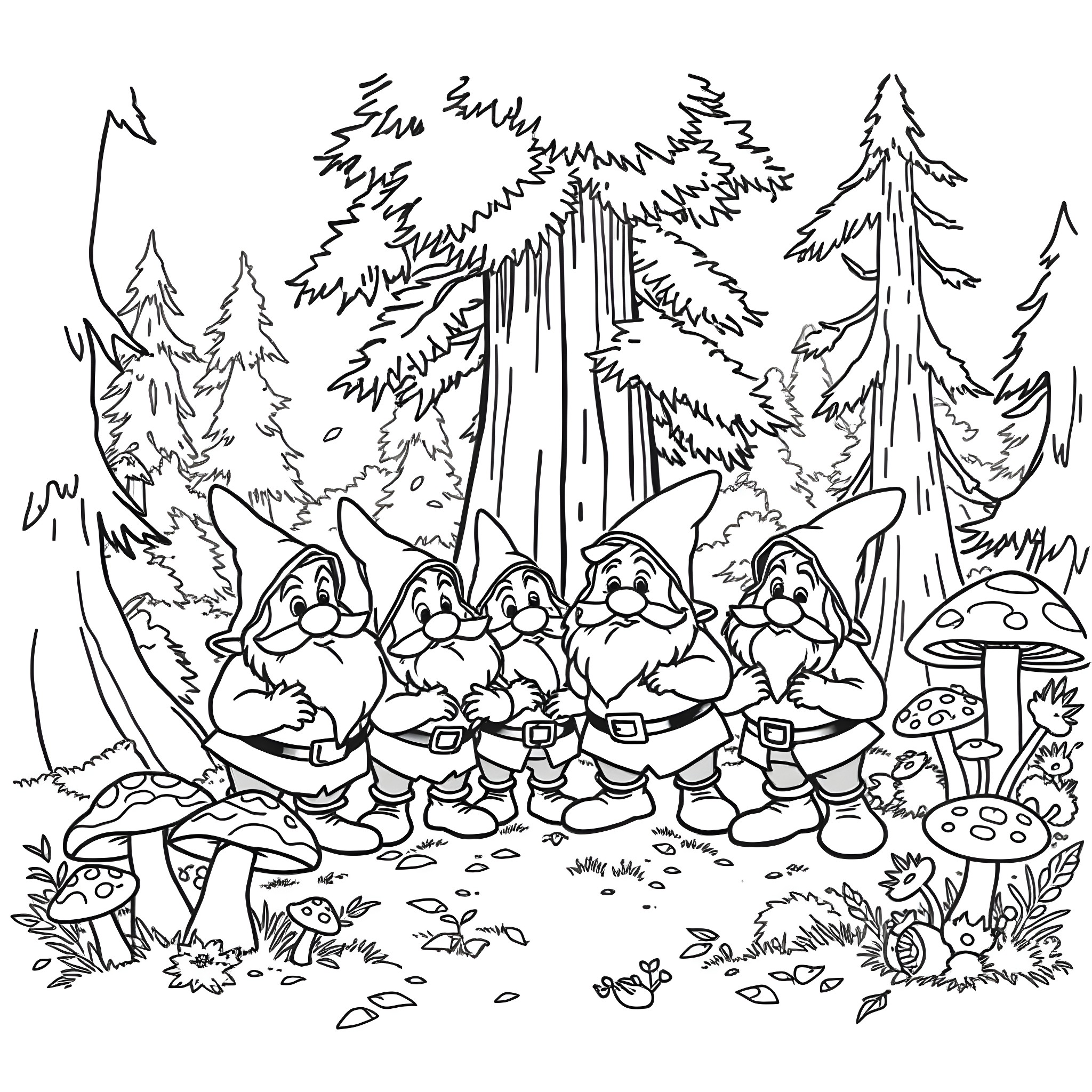 Dwarf companions exploring the enchanted forest Coloring Page (free black-and-white line drawing printable PDF for all, from beginners to advanced learners, including children, teens, adults, and seniors)