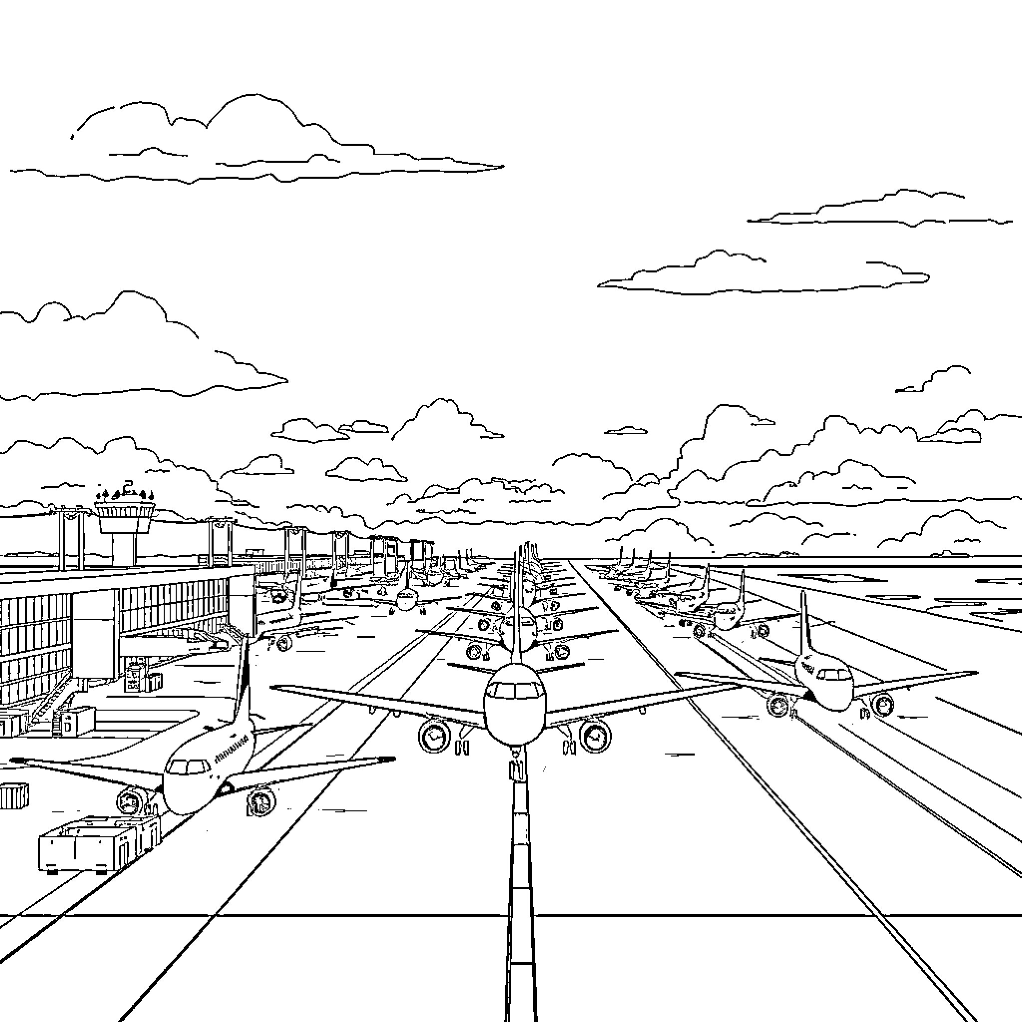 Aeroplane taking off from busy airport runway Coloring Page (free black-and-white line drawing printable PDF for all, from beginners to advanced learners, including children, teens, adults, and seniors)