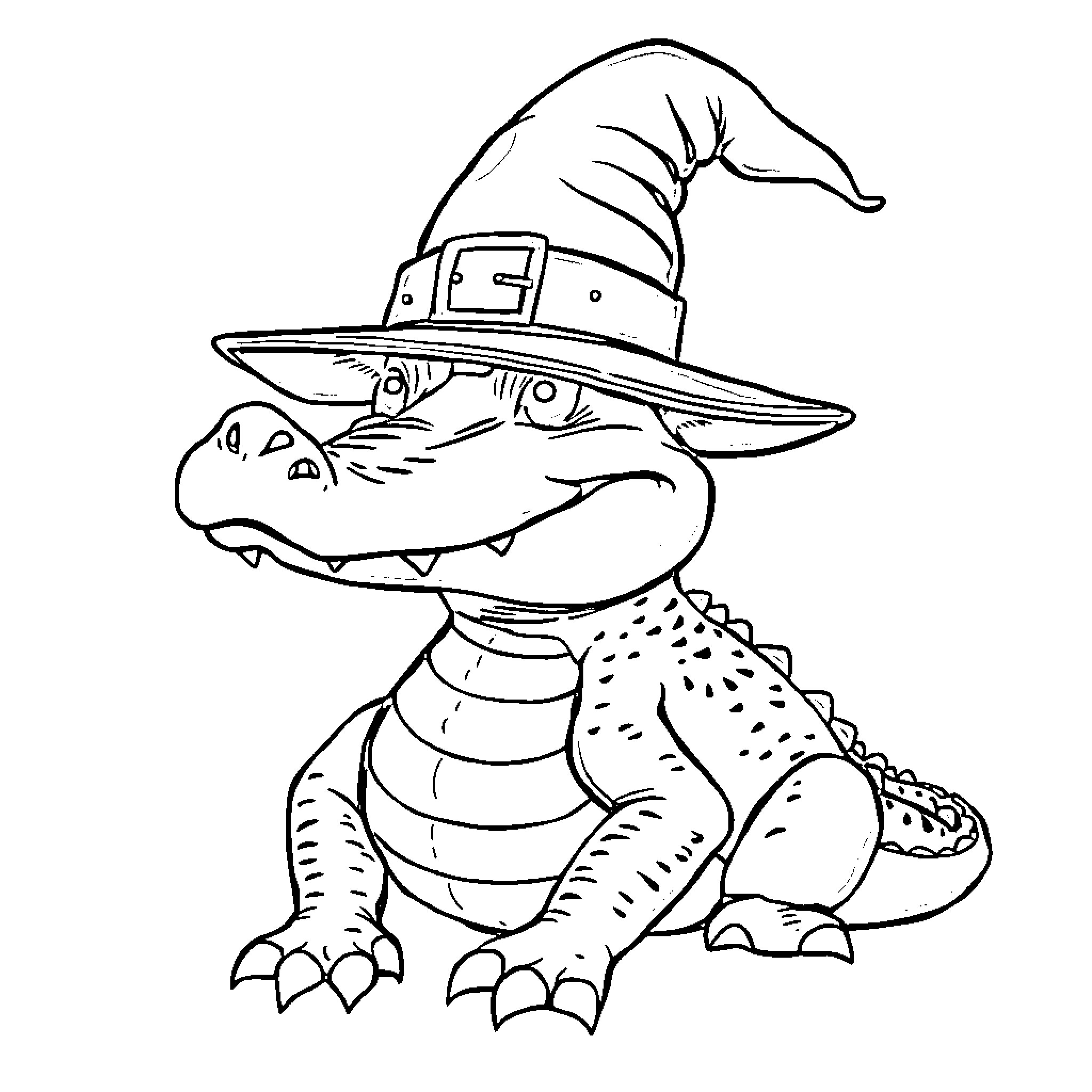 Alligator wearing a witch hat Coloring Page (free black-and-white line drawing printable PDF for all, from beginners to advanced learners, including children, teens, adults, and seniors)