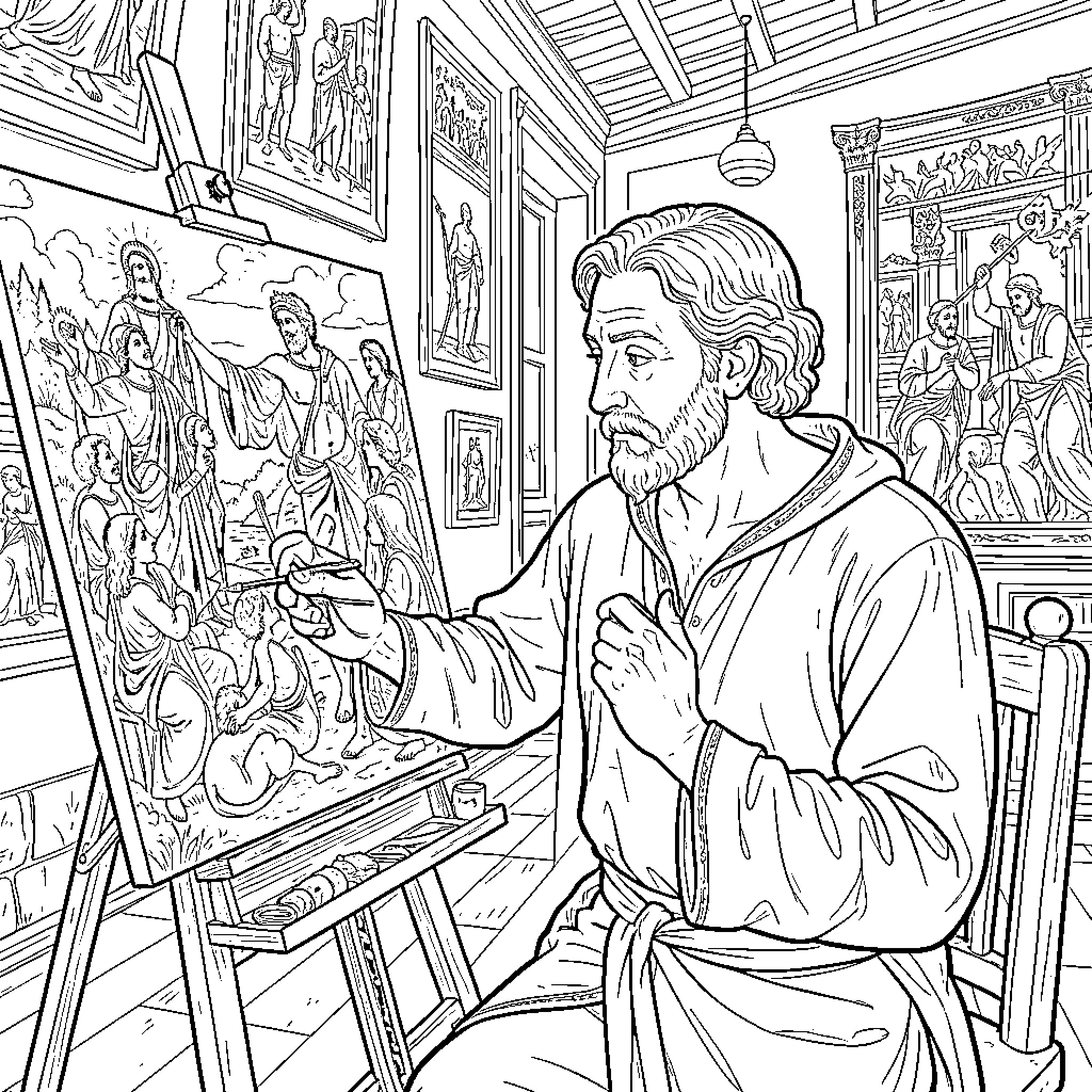 Pintor contemplating his masterpiece in the studio Coloring Page (free black-and-white line drawing printable PDF for all, from beginners to advanced learners, including children, teens, adults, and seniors)