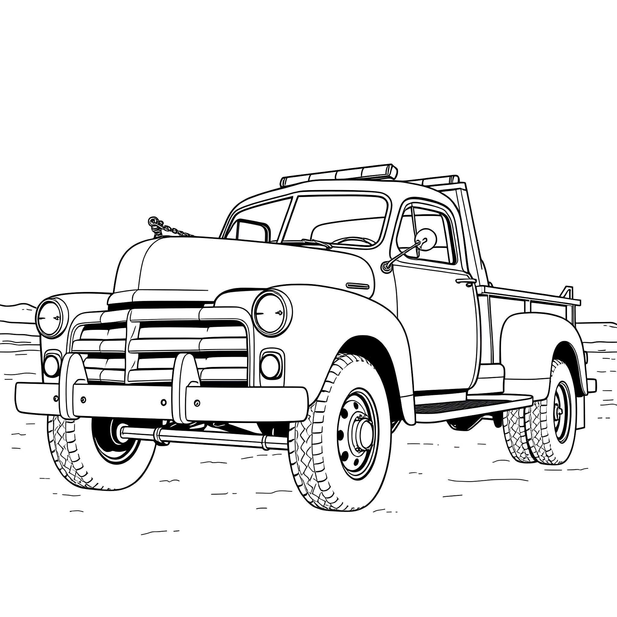 Tow Truck Pulling a Stranded Vehicle on the Road Coloring Page (free black-and-white line drawing printable PDF for all, from beginners to advanced learners, including children, teens, adults, and seniors)