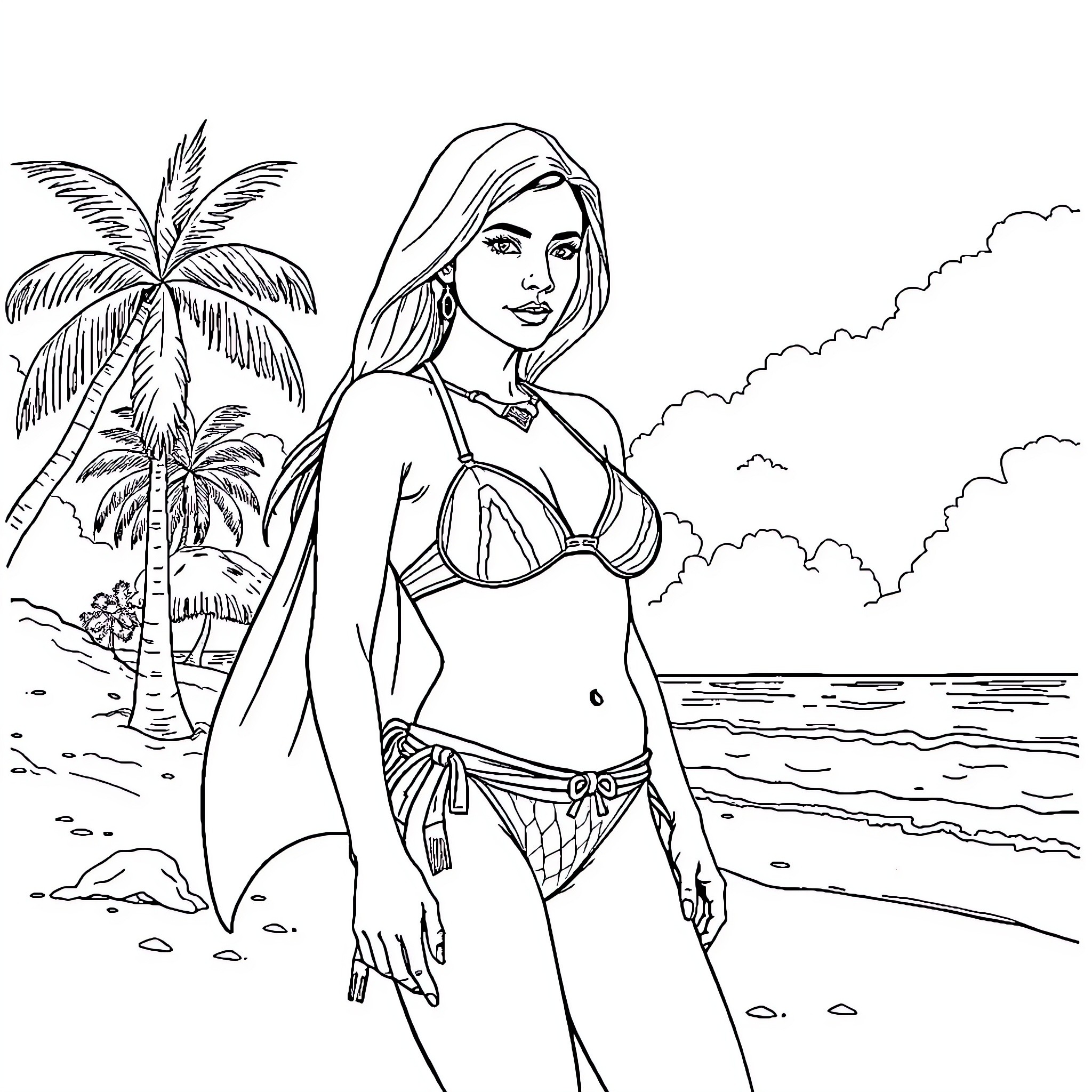 Obi-Wan Kenobi enjoying a peaceful beach scene Coloring Page (free black-and-white line drawing printable PDF for all, from beginners to advanced learners, including children, teens, adults, and seniors)