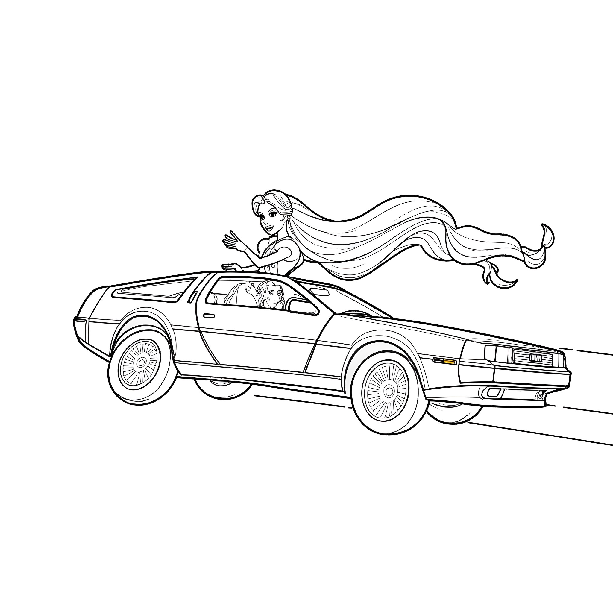 Snow White riding a futuristic car in style Coloring Page (free black-and-white line drawing printable PDF for all, from beginners to advanced learners, including children, teens, adults, and seniors)