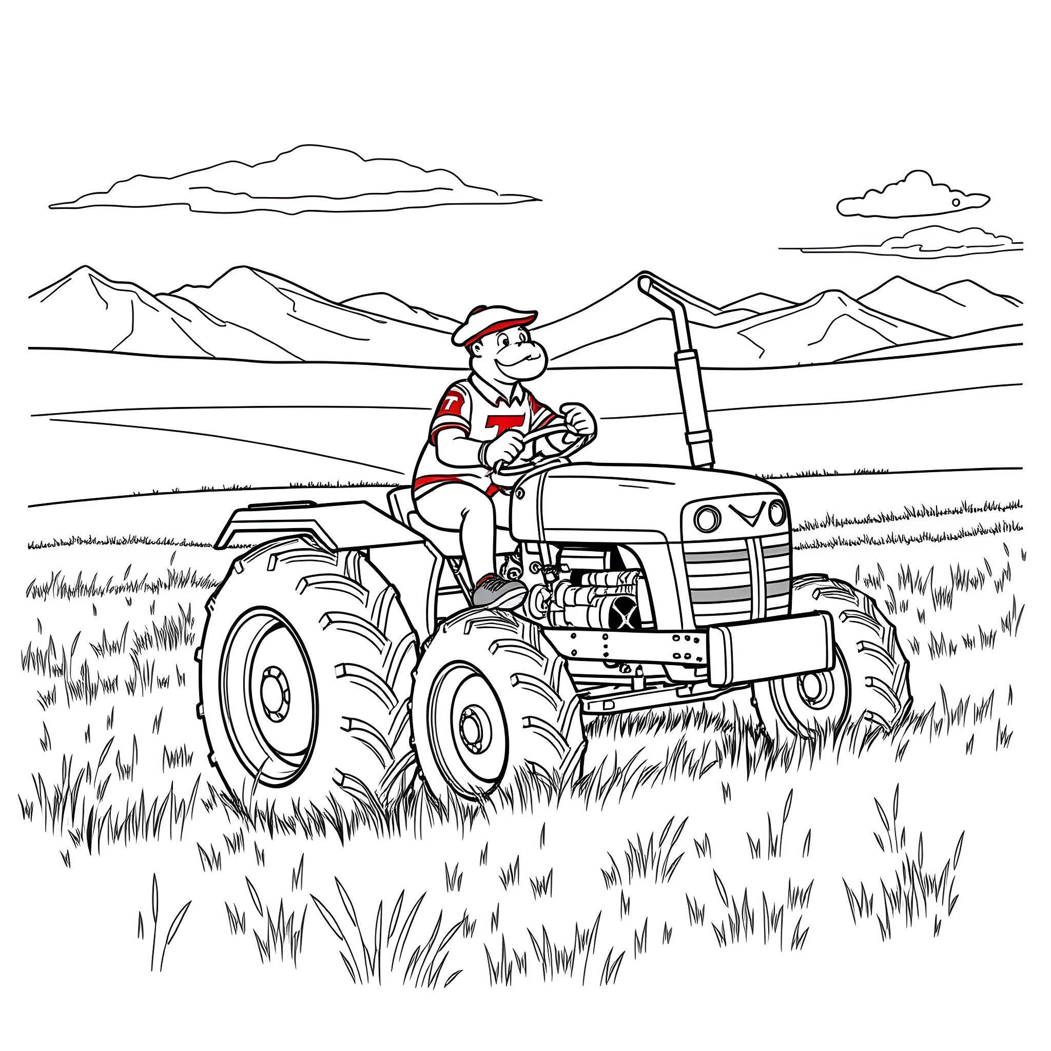 Hokie farmer operating a tractor in the countryside Coloring Page (free black-and-white line drawing printable PDF for all, from beginners to advanced learners, including children, teens, adults, and seniors)