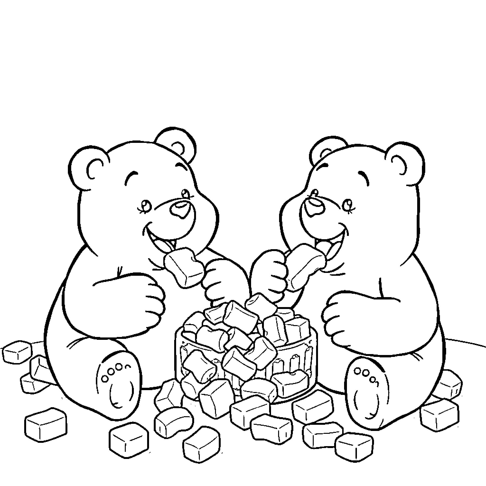 Gummi Bears enjoying a delightful snack Coloring Page (free black-and-white line drawing printable PDF for all, from beginners to advanced learners, including children, teens, adults, and seniors)
