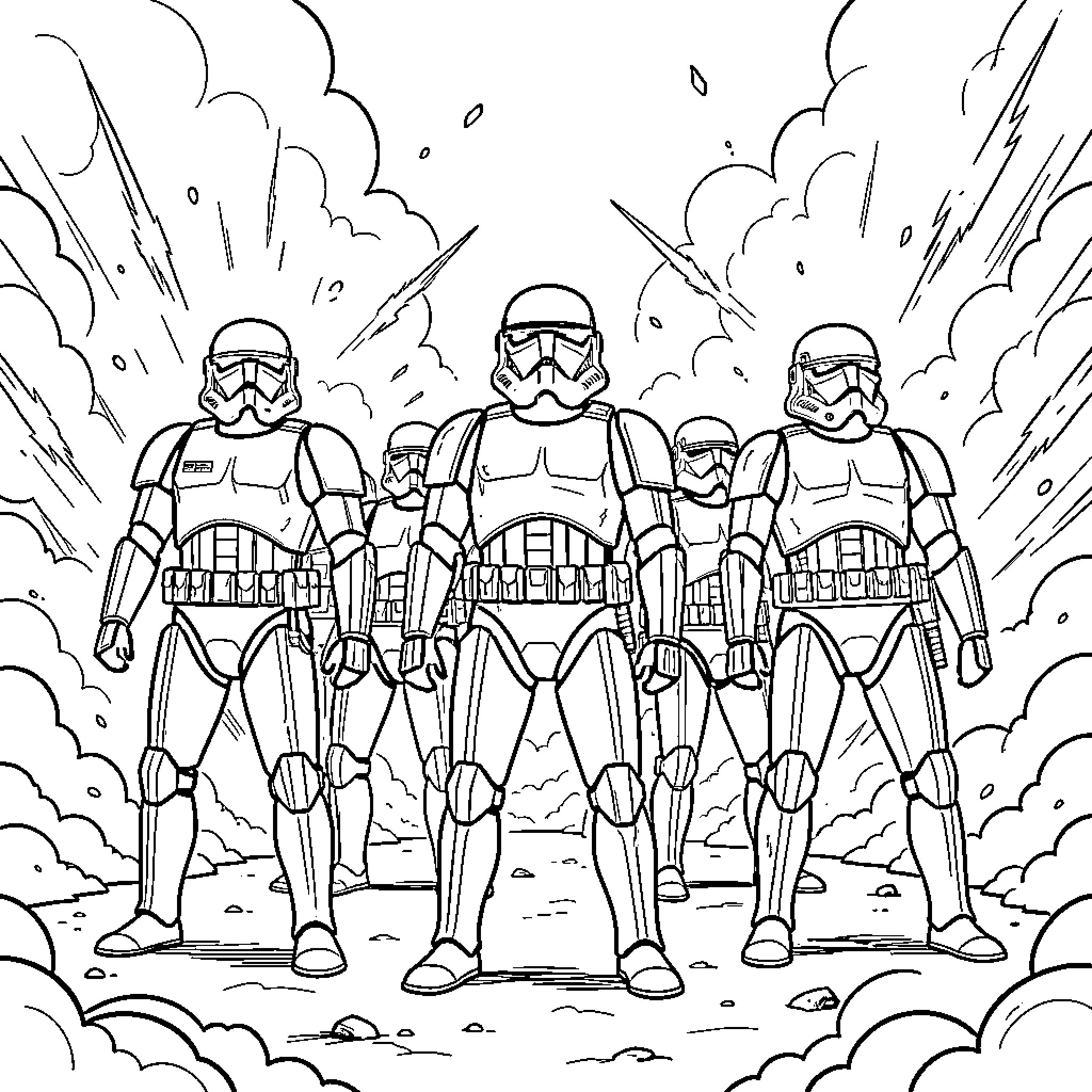 Clone Trooper squad standing amidst explosions Coloring Page (free black-and-white line drawing printable PDF for all, from beginners to advanced learners, including children, teens, adults, and seniors)