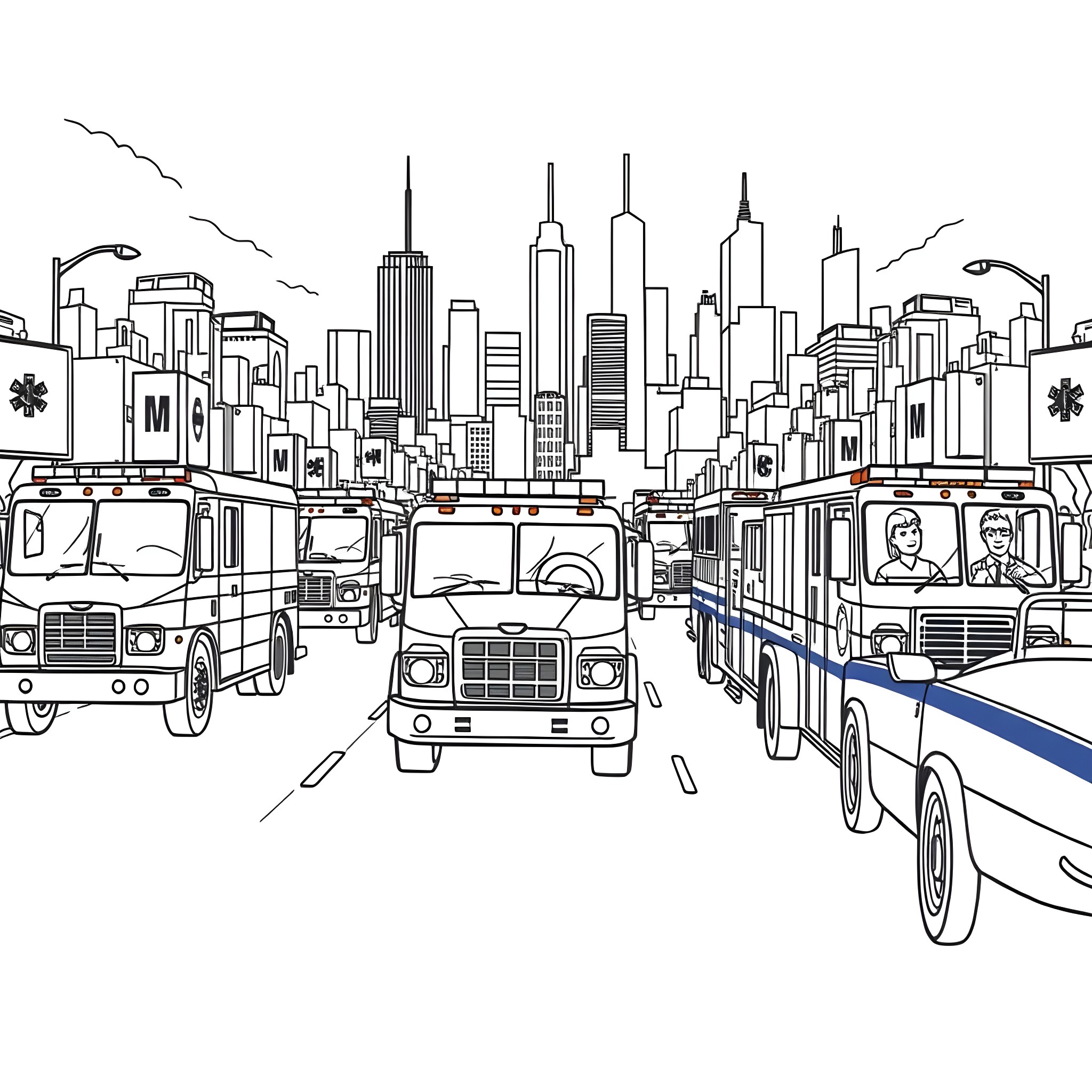 Fire Truck and Emergency Vehicles Responding in the City Coloring Page (free black-and-white line drawing printable PDF for all, from beginners to advanced learners, including children, teens, adults, and seniors)