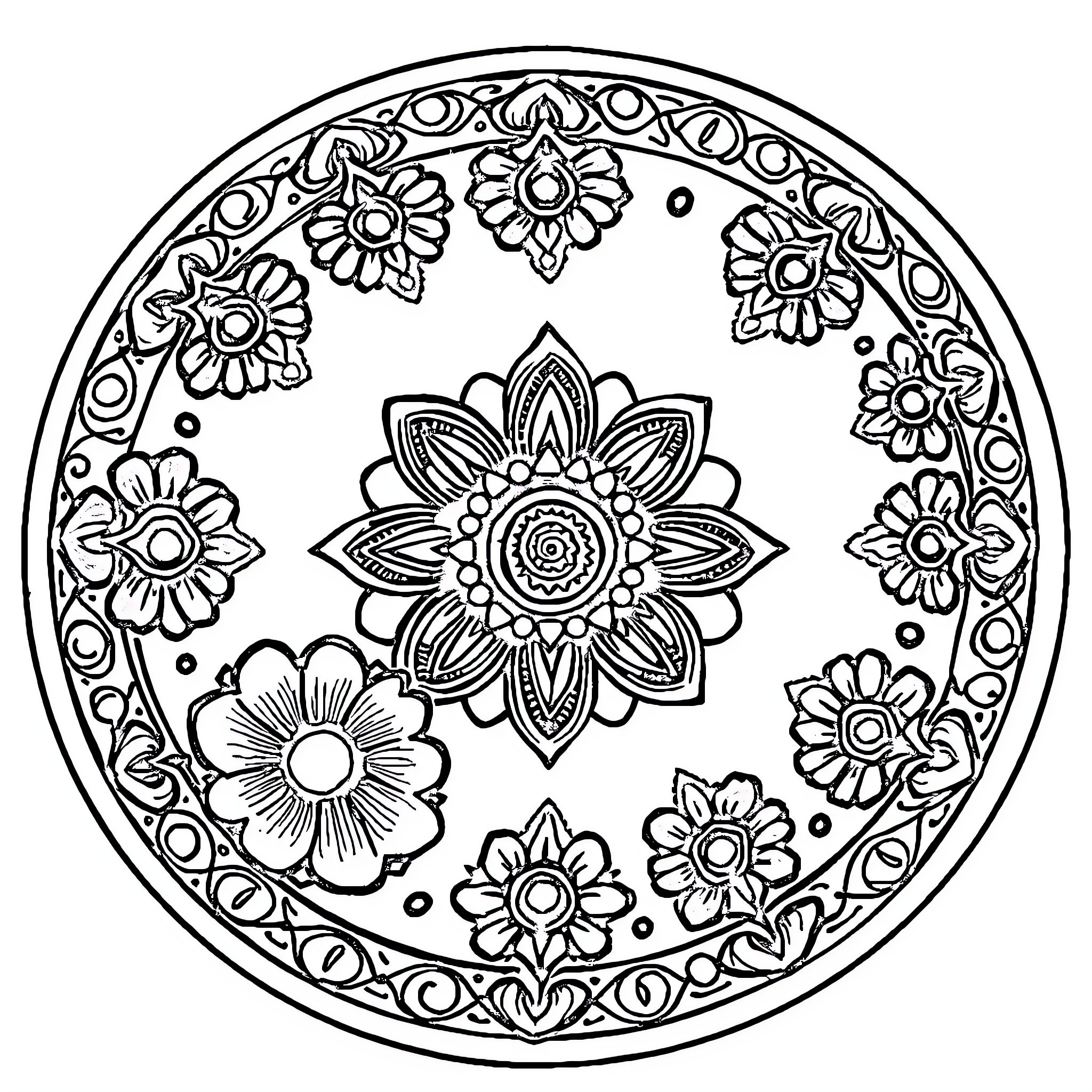 Barro Plate with Intricate Floral Designs Coloring Page (free black-and-white line drawing printable PDF for all, from beginners to advanced learners, including children, teens, adults, and seniors)