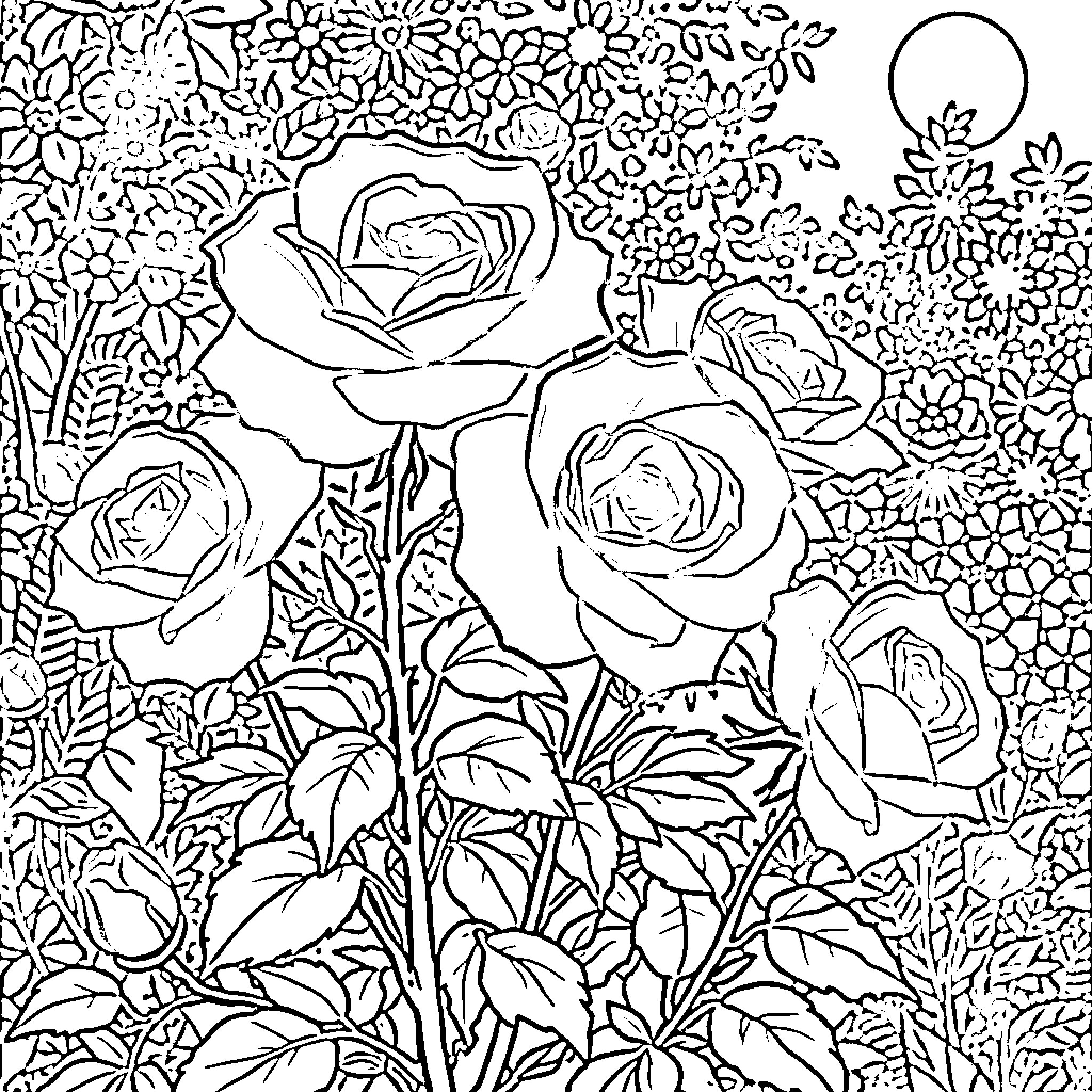 Rose garden in bloom under the moonlight Coloring Page (free black-and-white line drawing printable PDF for all, from beginners to advanced learners, including children, teens, adults, and seniors)