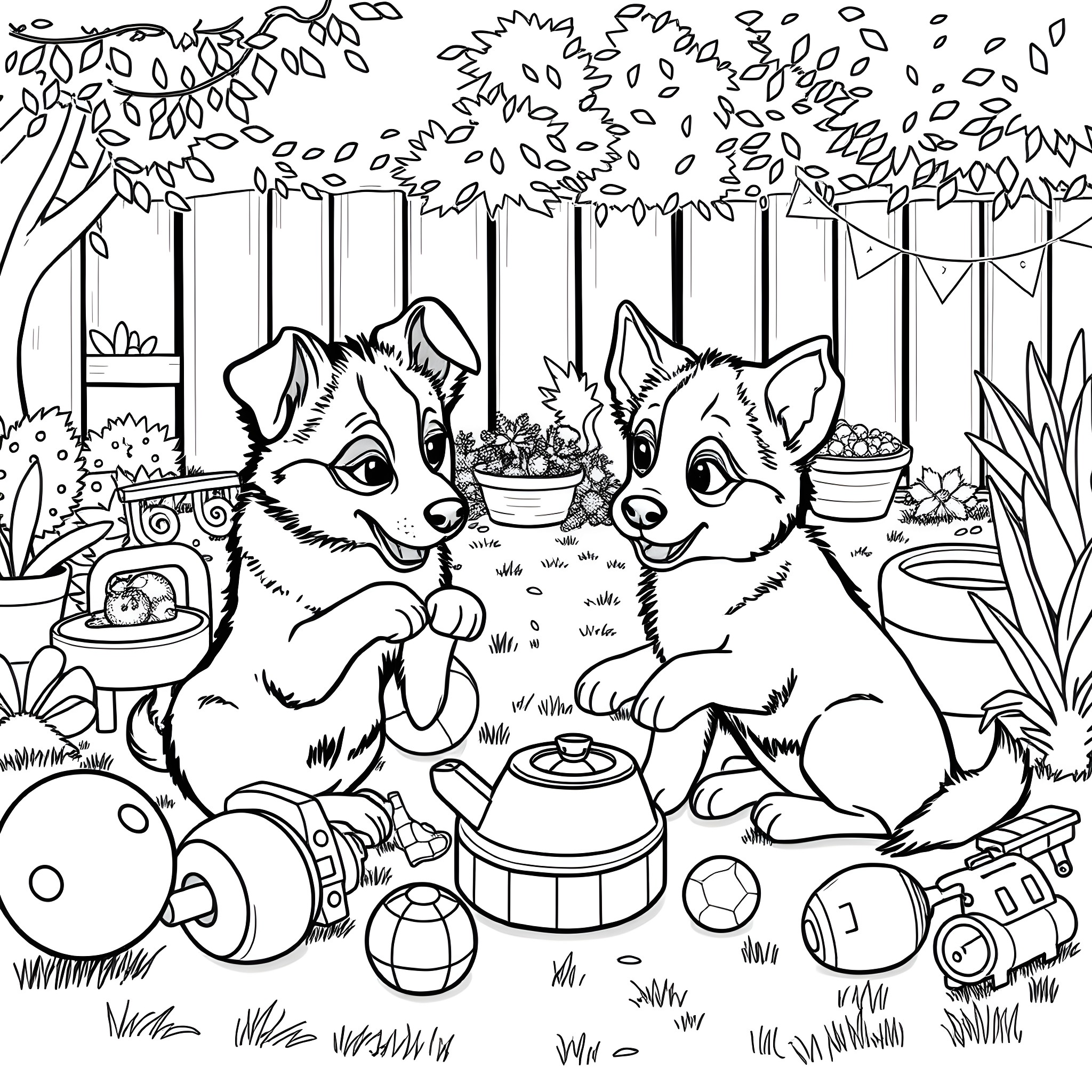 Bluey and Bingo Playing in the Backyard Coloring Page (free black-and-white line drawing printable PDF for all, from beginners to advanced learners, including children, teens, adults, and seniors)