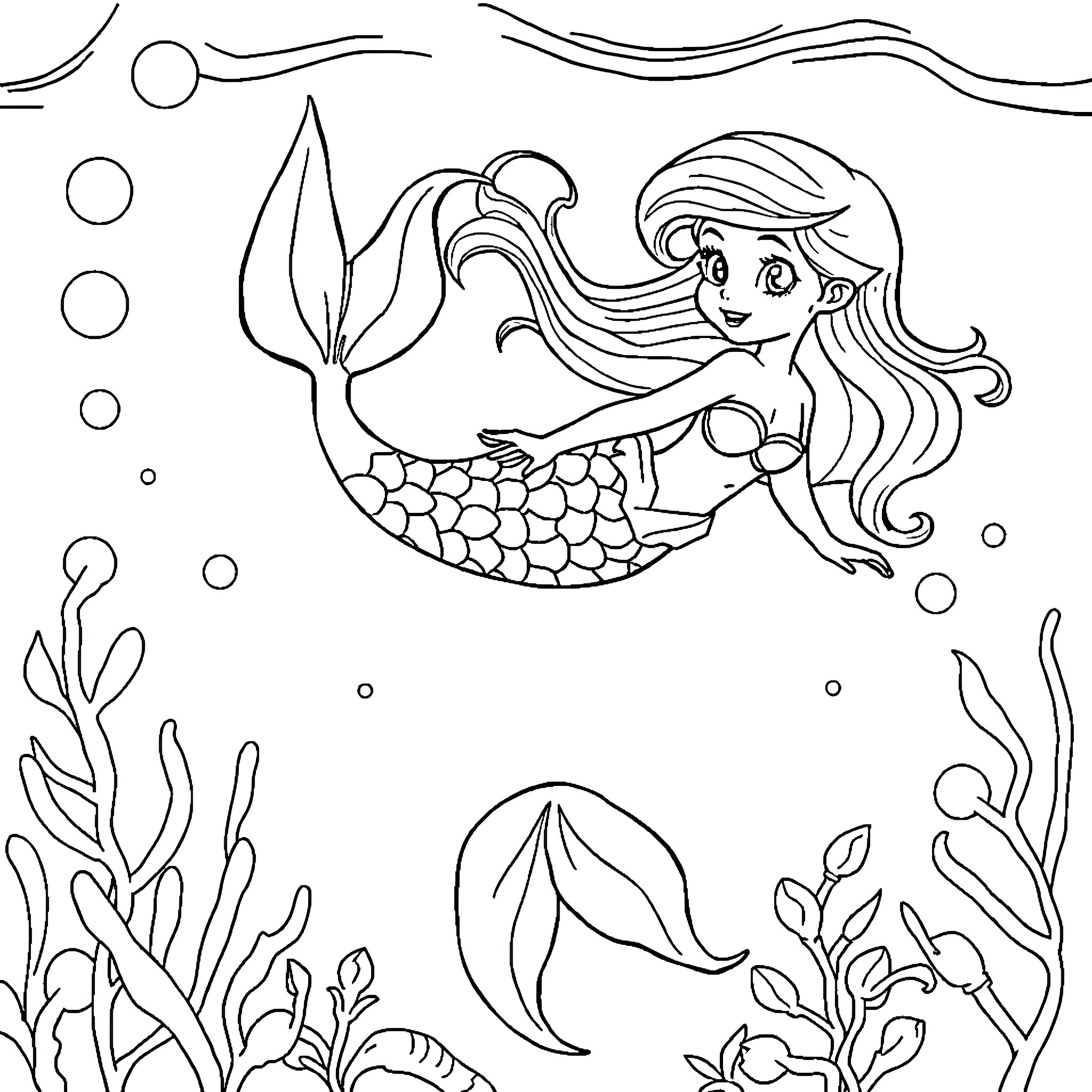 Mermaid swimming gracefully underwater Coloring Page (free black-and-white line drawing printable PDF for all, from beginners to advanced learners, including children, teens, adults, and seniors)