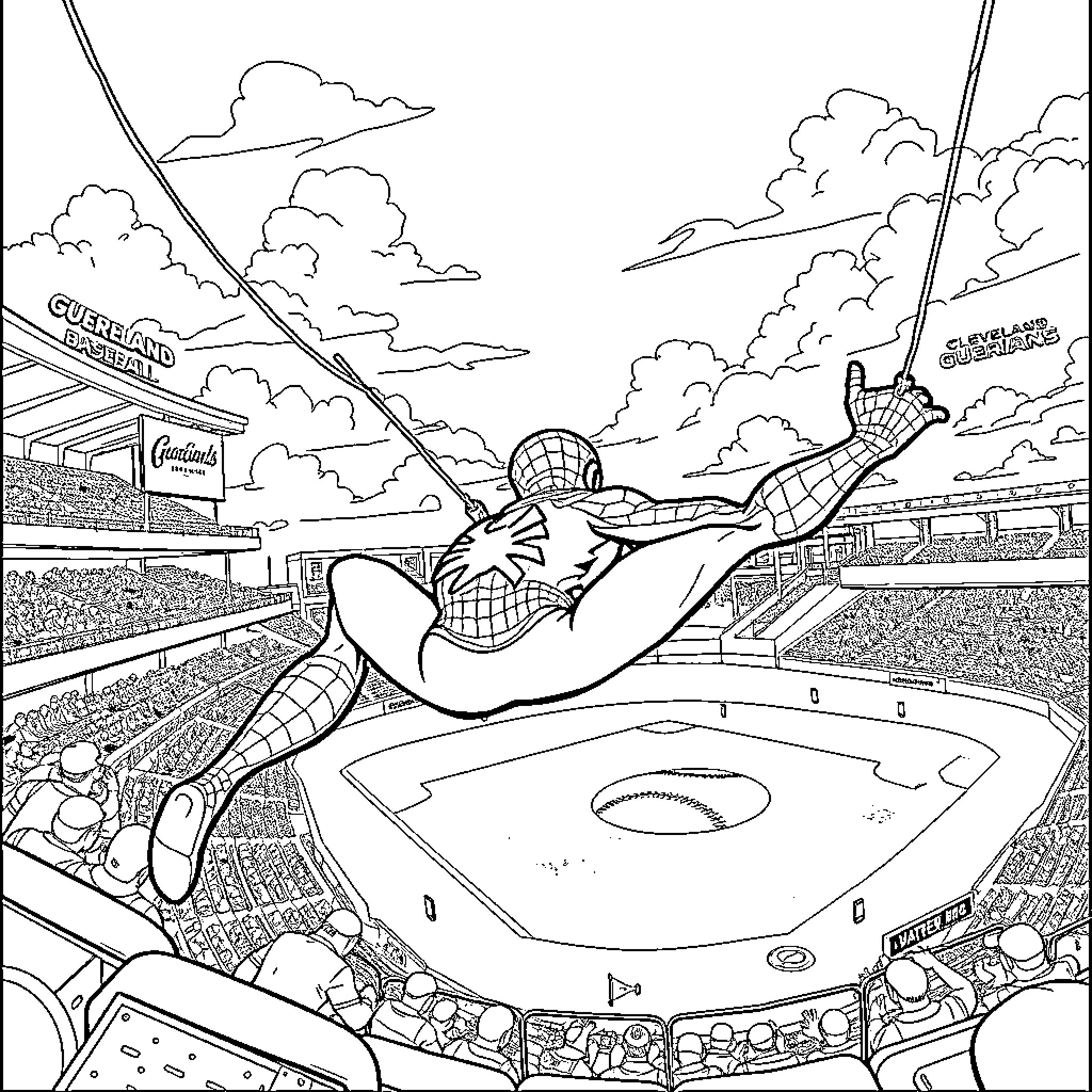 Spiderman swinging through the city skyline Coloring Page (free black-and-white line drawing printable PDF for all, from beginners to advanced learners, including children, teens, adults, and seniors)