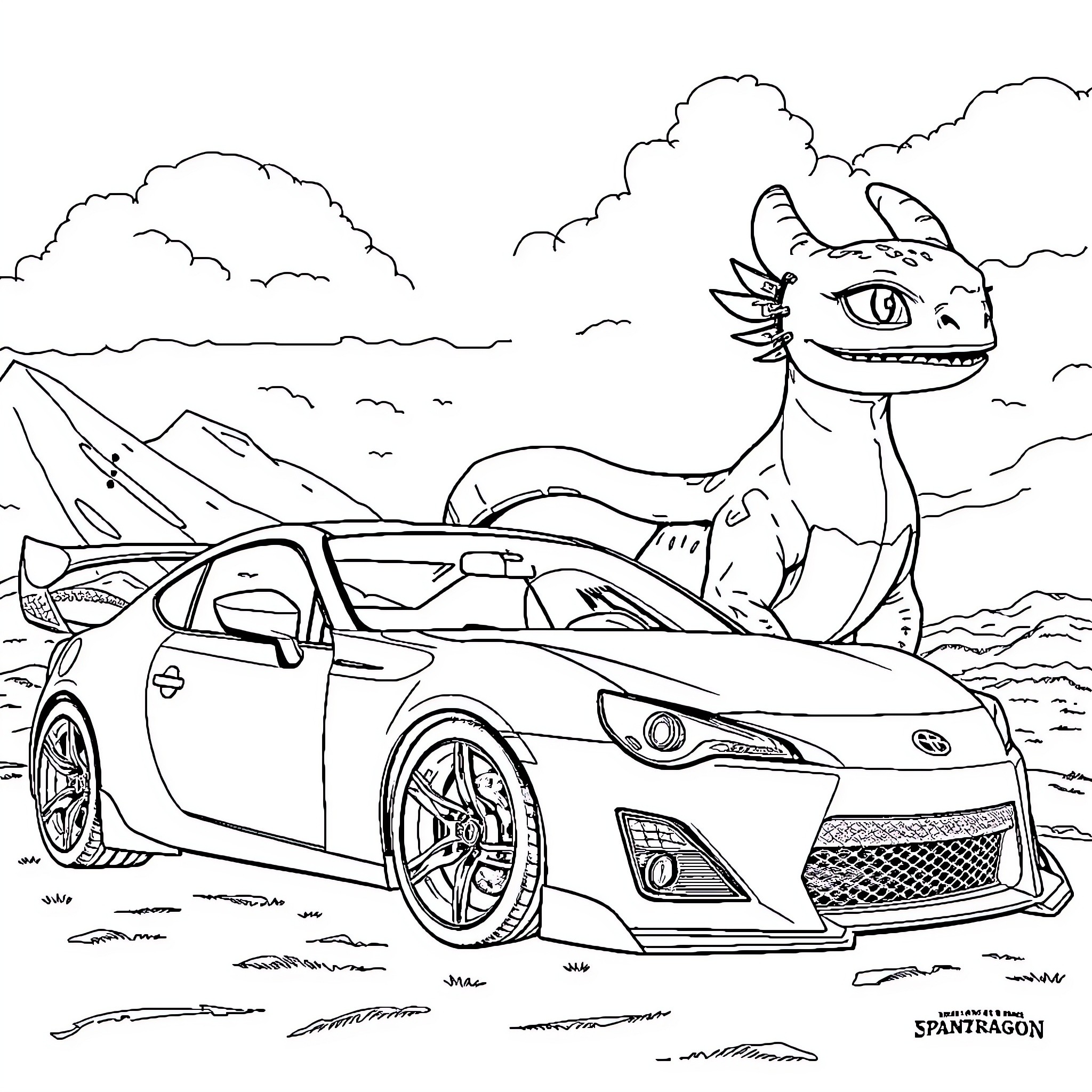 Dragon-like Creature Admiring Futuristic Sports Car Coloring Page (free black-and-white line drawing printable PDF for all, from beginners to advanced learners, including children, teens, adults, and seniors)