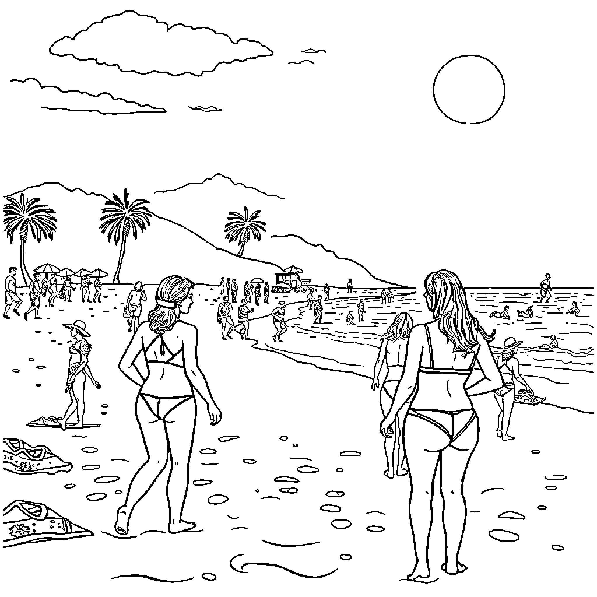 Beach scene with people in swimwear Coloring Page (free black-and-white line drawing printable PDF for all, from beginners to advanced learners, including children, teens, adults, and seniors)