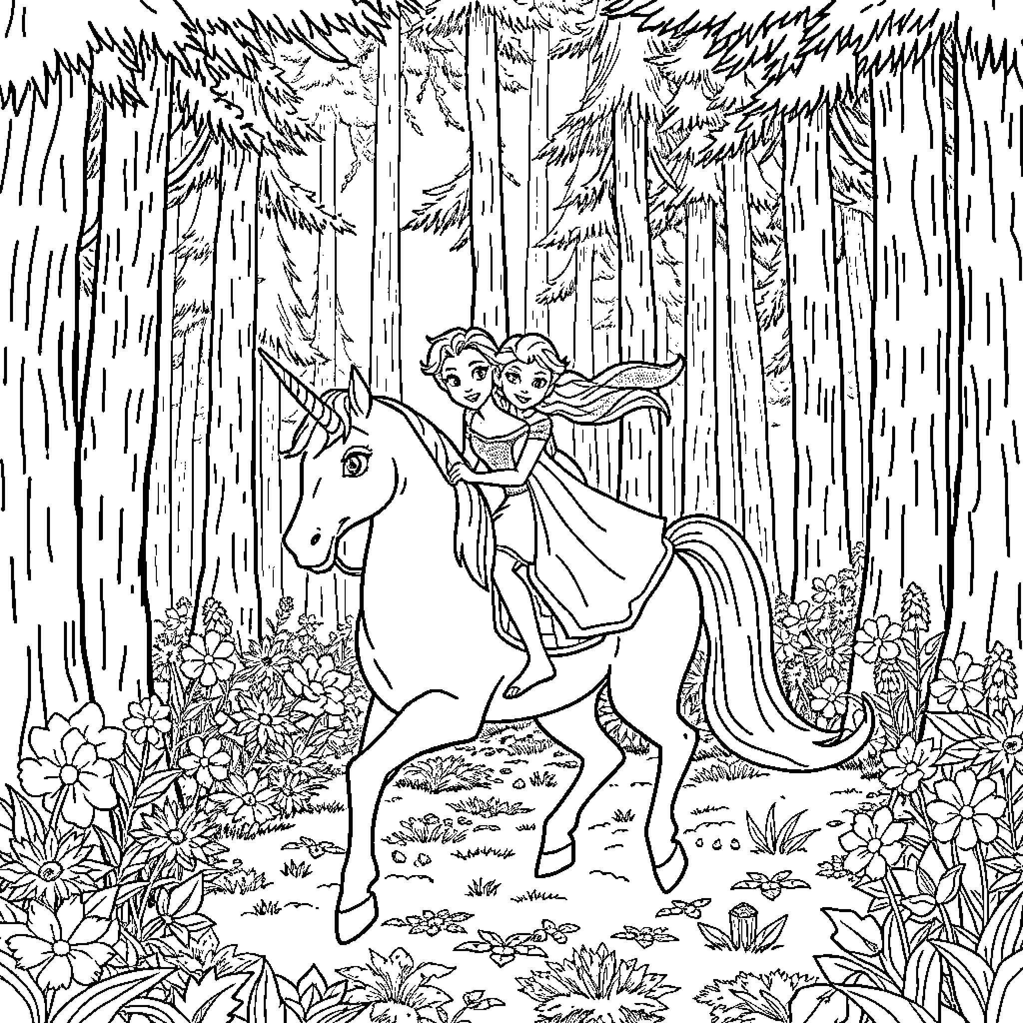 Elsa riding a unicorn through a magical forest Coloring Page (free black-and-white line drawing printable PDF for all, from beginners to advanced learners, including children, teens, adults, and seniors)