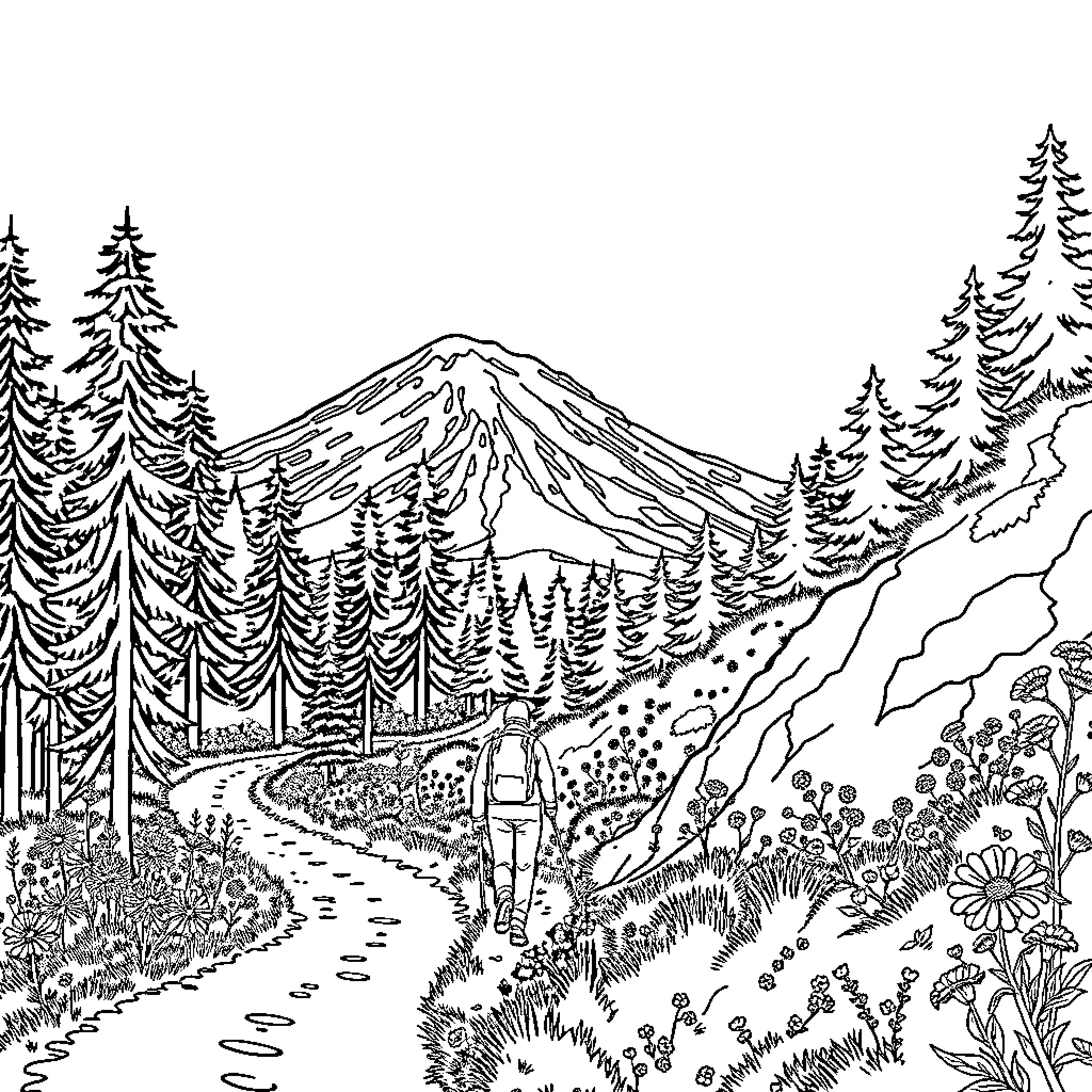 Hiking through scenic mountain landscape Coloring Page (free black-and-white line drawing printable PDF for all, from beginners to advanced learners, including children, teens, adults, and seniors)