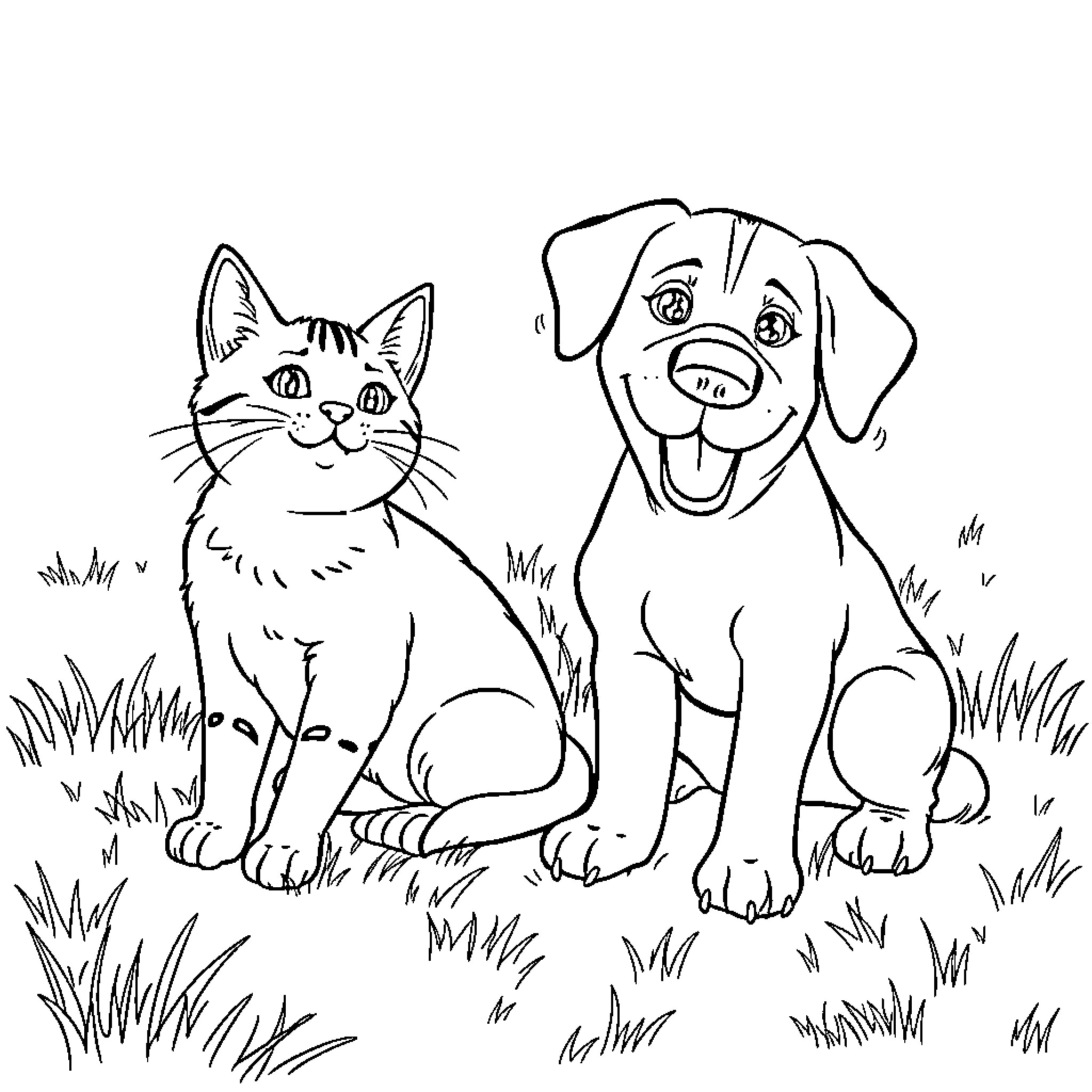 Cat-Dog Pair Exploring the Outdoors Coloring Page (free black-and-white line drawing printable PDF for all, from beginners to advanced learners, including children, teens, adults, and seniors)